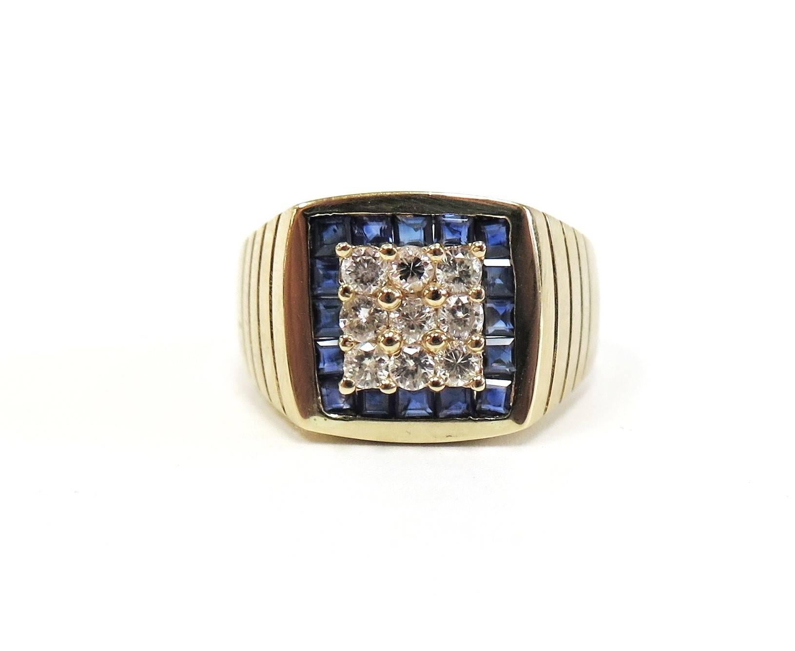 Quietly authoritative, this Men's Diamond Cluster Ring has a square of 9 sparkly Diamonds totaling 0.45 Carats, surrounded by a halo of calibrated square cut midnight blue Sapphires. This ring commands attention! 

Sapphires measures 2 x