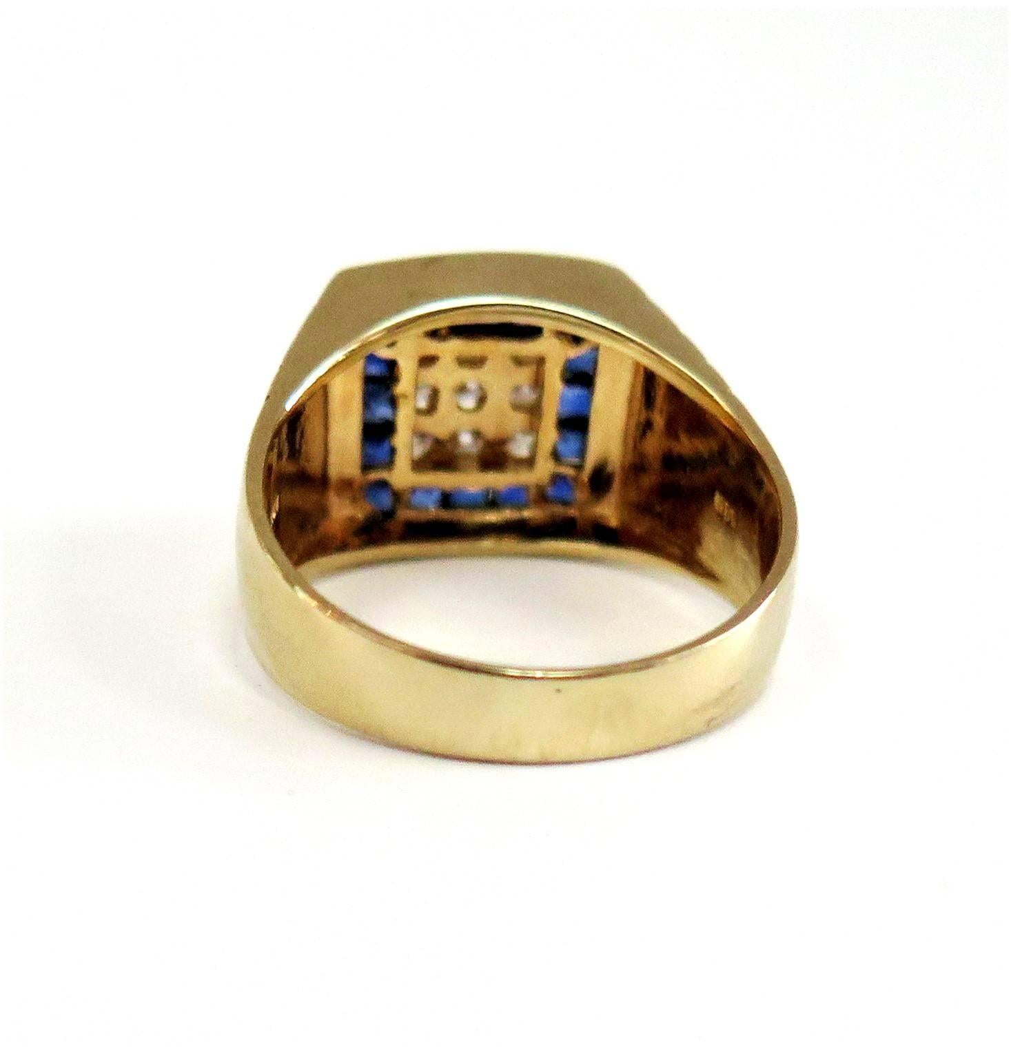 Modern Men's Diamond Cluster and Sapphire Square Halo Ring / 14 Karat Yellow Gold