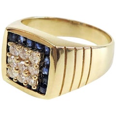 Men's Diamond Cluster and Sapphire Square Halo Ring / 14 Karat Yellow Gold