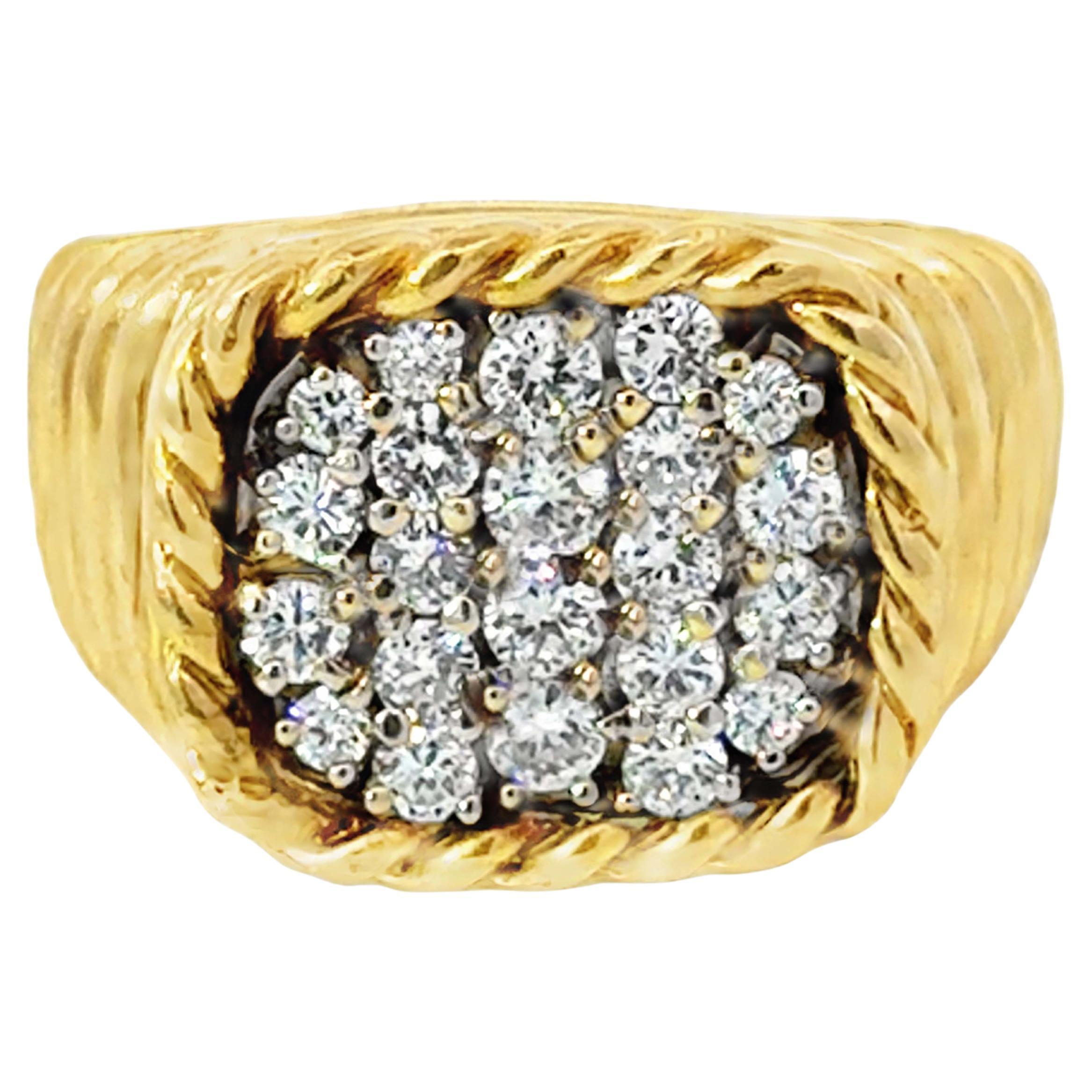 Mens Diamond Cluster Ribbed 18K Yellow Gold Ring