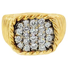 Mens Diamond Cluster Ribbed 18K Yellow Gold Ring