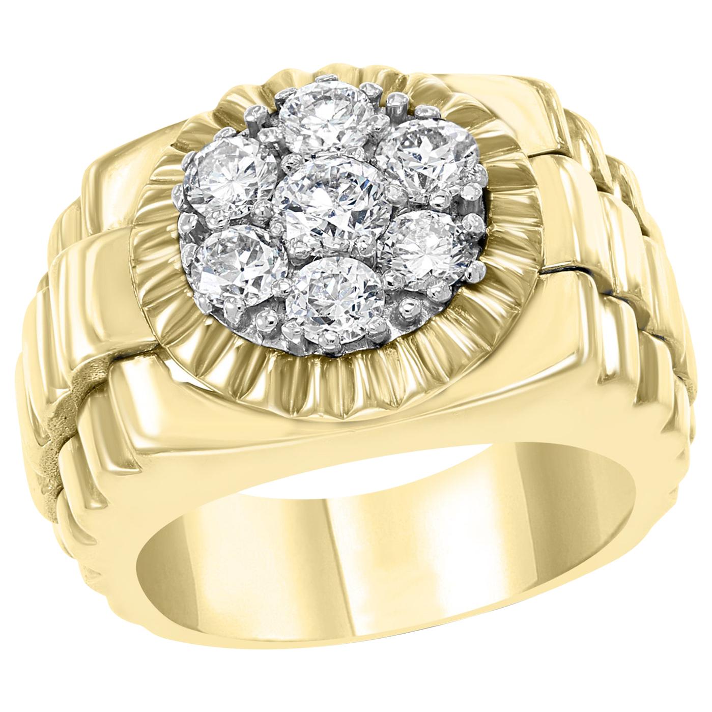Men’s Diamond Cluster Ring Brilliant Round Cut 1.5 Carat 7-Stone 18 Karat Gold