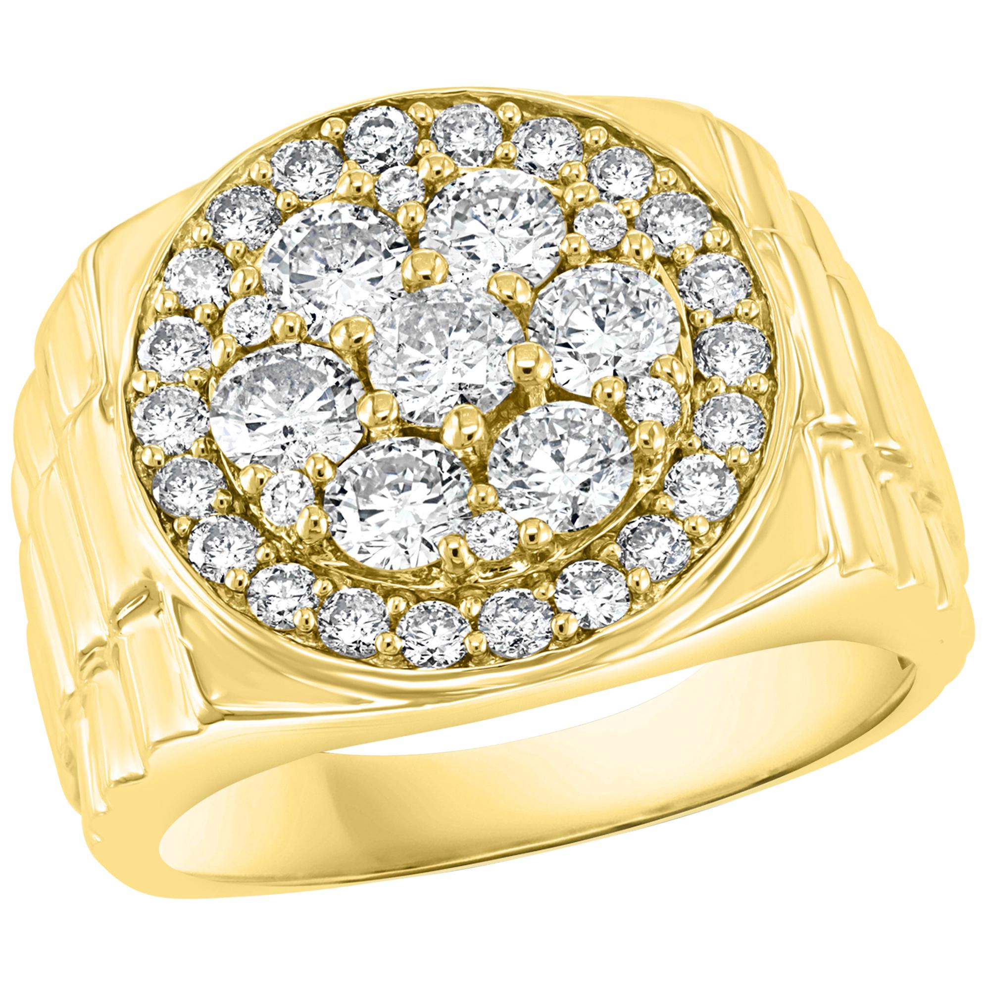 Men’s Diamond Cluster Ring Brilliant Round Cut 2 Carat 14 Karat Yellow Gold