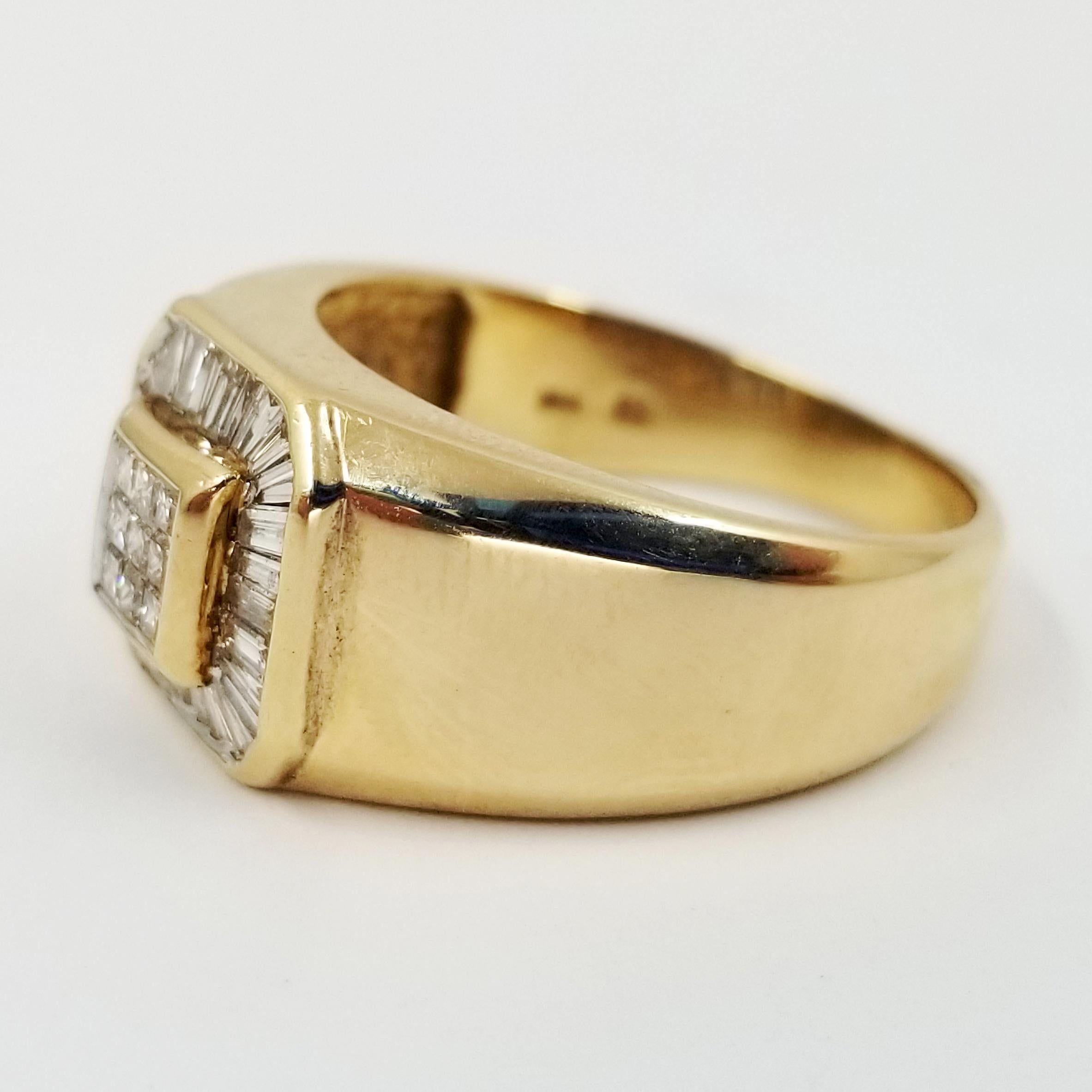 14 Karat Yellow Gold Men's Ring Featuring 35 Round and Baguette Shaped Diamonds Totaling Approximately 1 Carat of SI Clarity & J Color. Finished Weight is 8.0 Grams. Current Finger Size 10; Purchase Includes Free Sizing.