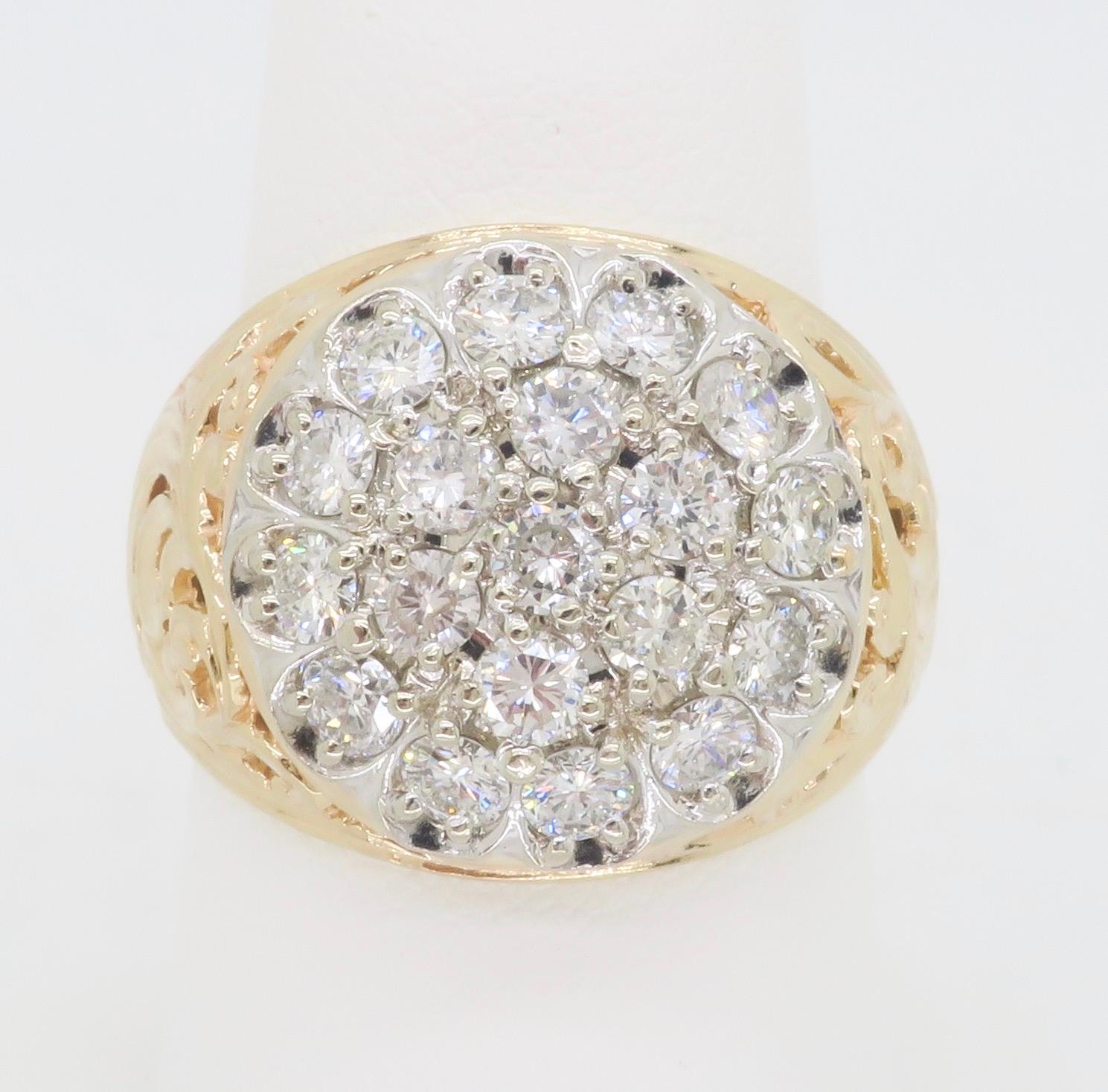 Men's 1.95CTW diamond cluster ring with beautiful detailing. 

Total Diamond Carat Weight: Approximately 1.95CTW
Diamond Cut: Round Brilliant Cut 
Average Diamond Color: G-I
Average Diamond Clarity: VS-SI
Metal: 14k Yellow Gold 
Ring Size: 10 -