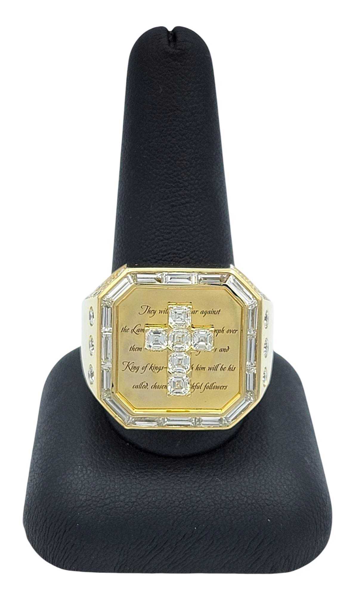 Mens Diamond Cross and Engraved Scripture Large Signet Ring 14 Karat Yellow Gold For Sale 4