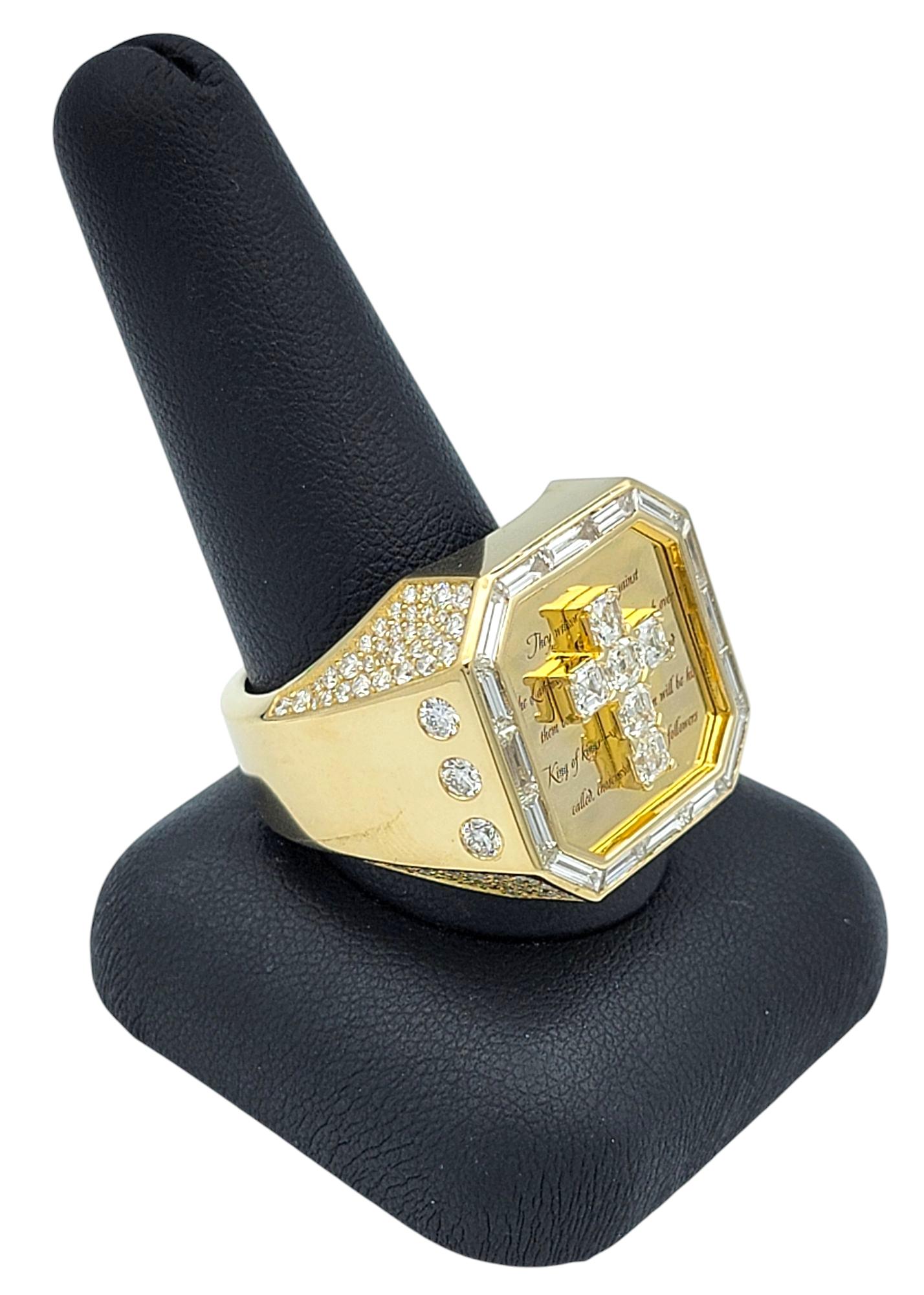 Mens Diamond Cross and Engraved Scripture Large Signet Ring 14 Karat Yellow Gold For Sale 5