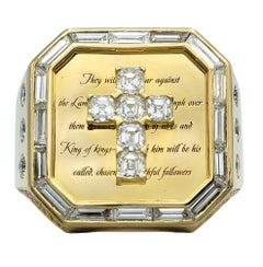 Mens Diamond Cross and Engraved Scripture Large Signet Ring 14 Karat Yellow Gold
