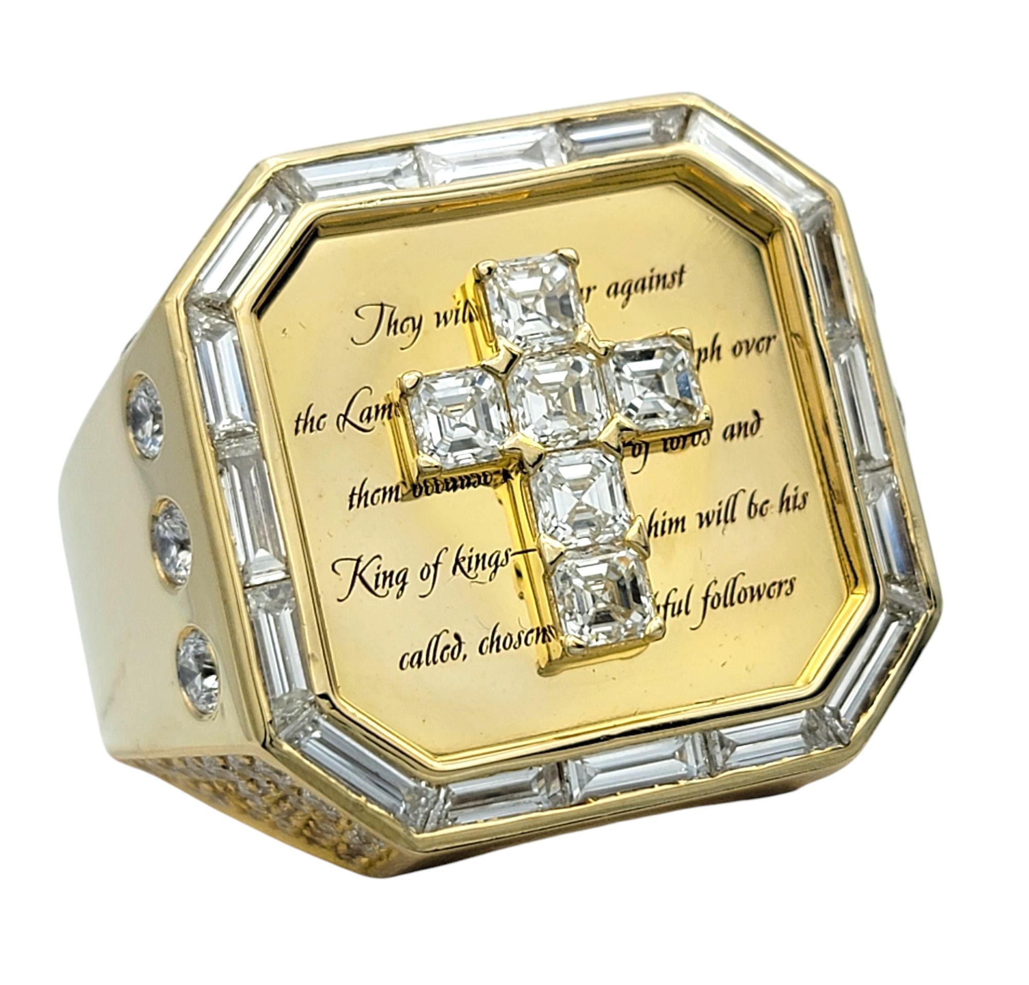 Contemporary Mens Diamond Cross and Engraved Scripture Large Signet Ring 14 Karat Yellow Gold For Sale
