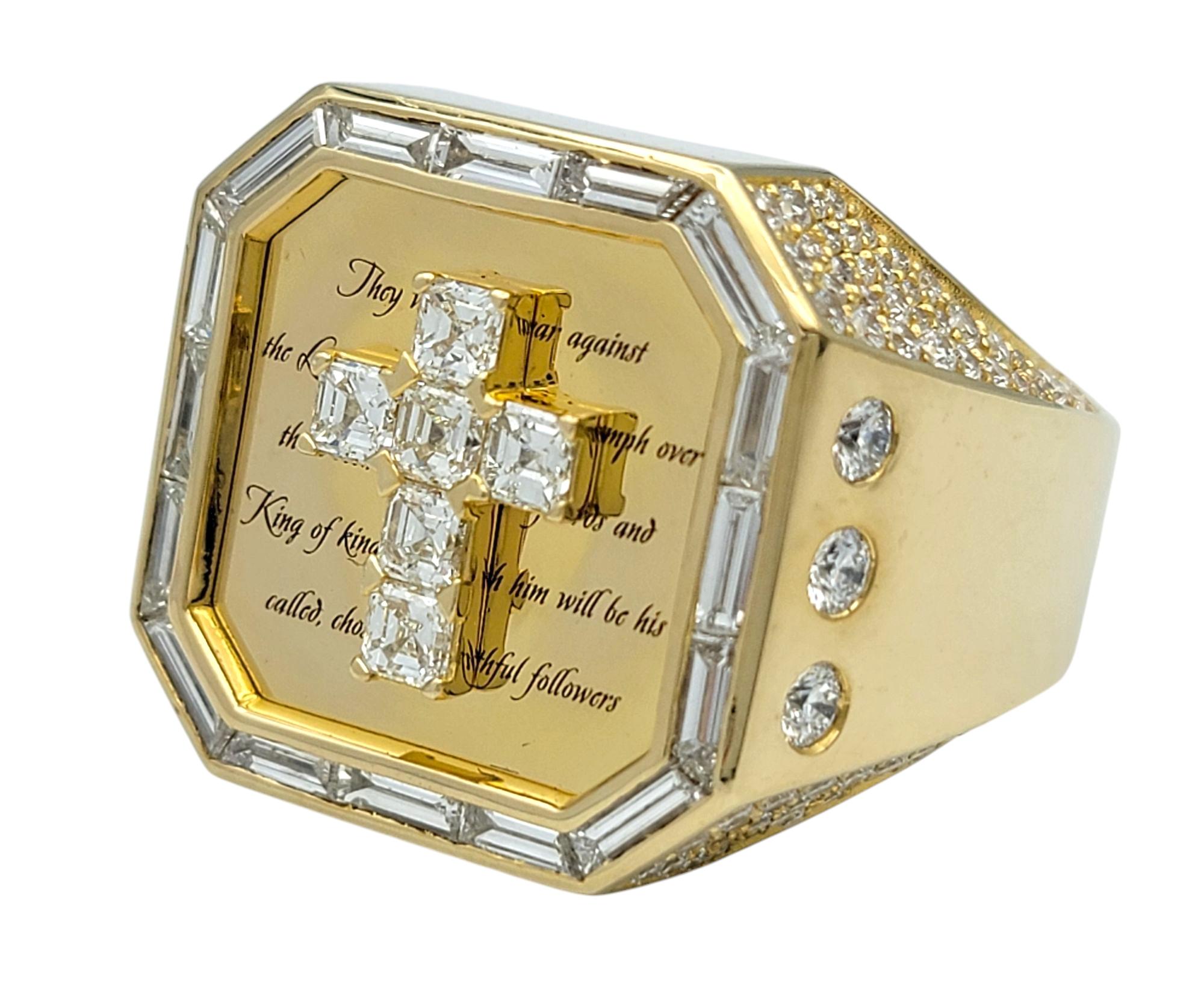 Asscher Cut Mens Diamond Cross and Engraved Scripture Large Signet Ring 14 Karat Yellow Gold For Sale