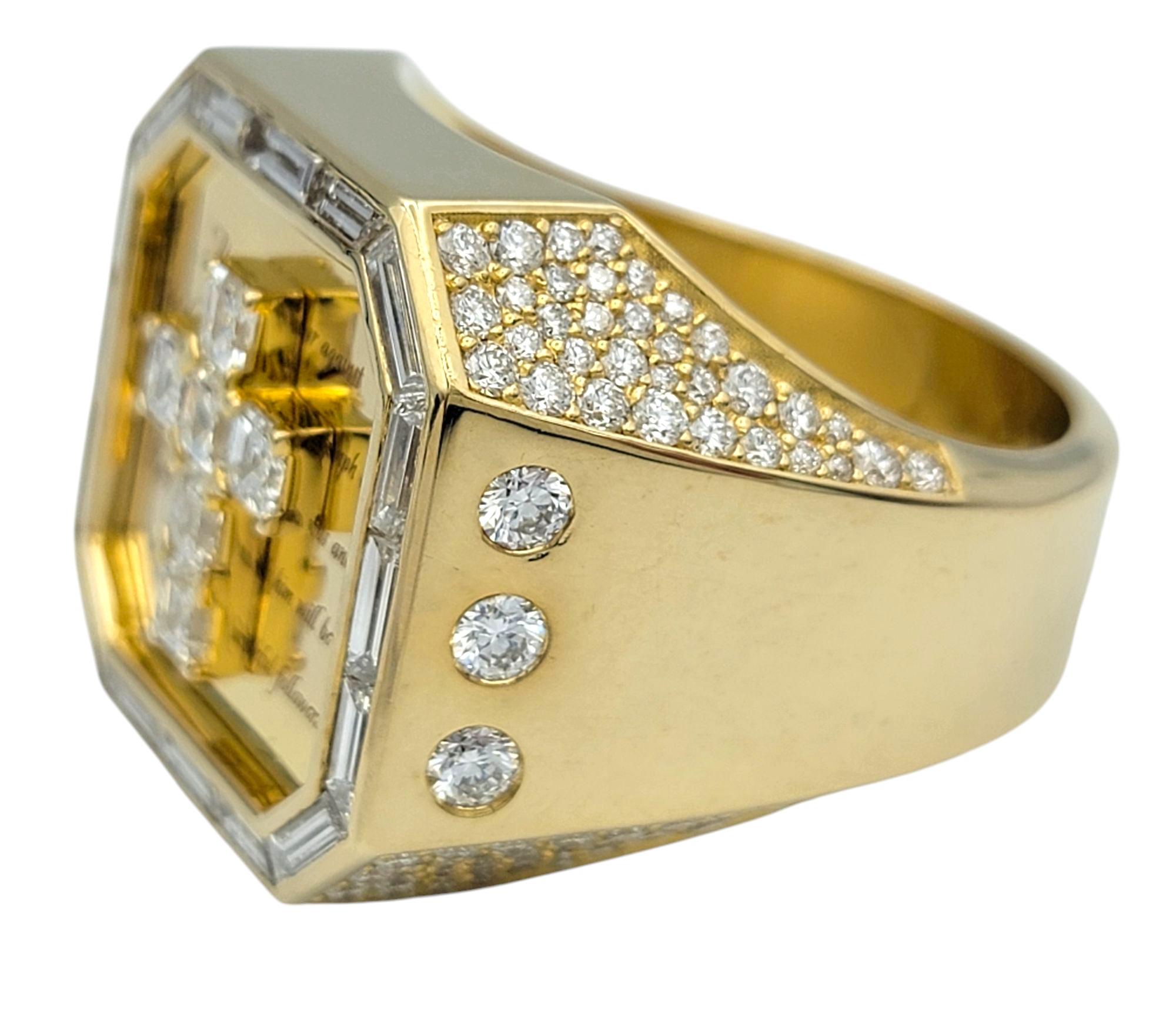 Mens Diamond Cross and Engraved Scripture Large Signet Ring 14 Karat Yellow Gold In Good Condition For Sale In Scottsdale, AZ