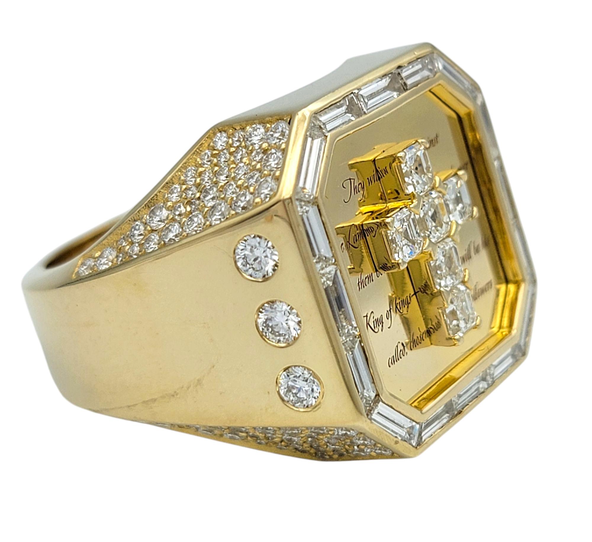 Men's Mens Diamond Cross and Engraved Scripture Large Signet Ring 14 Karat Yellow Gold For Sale