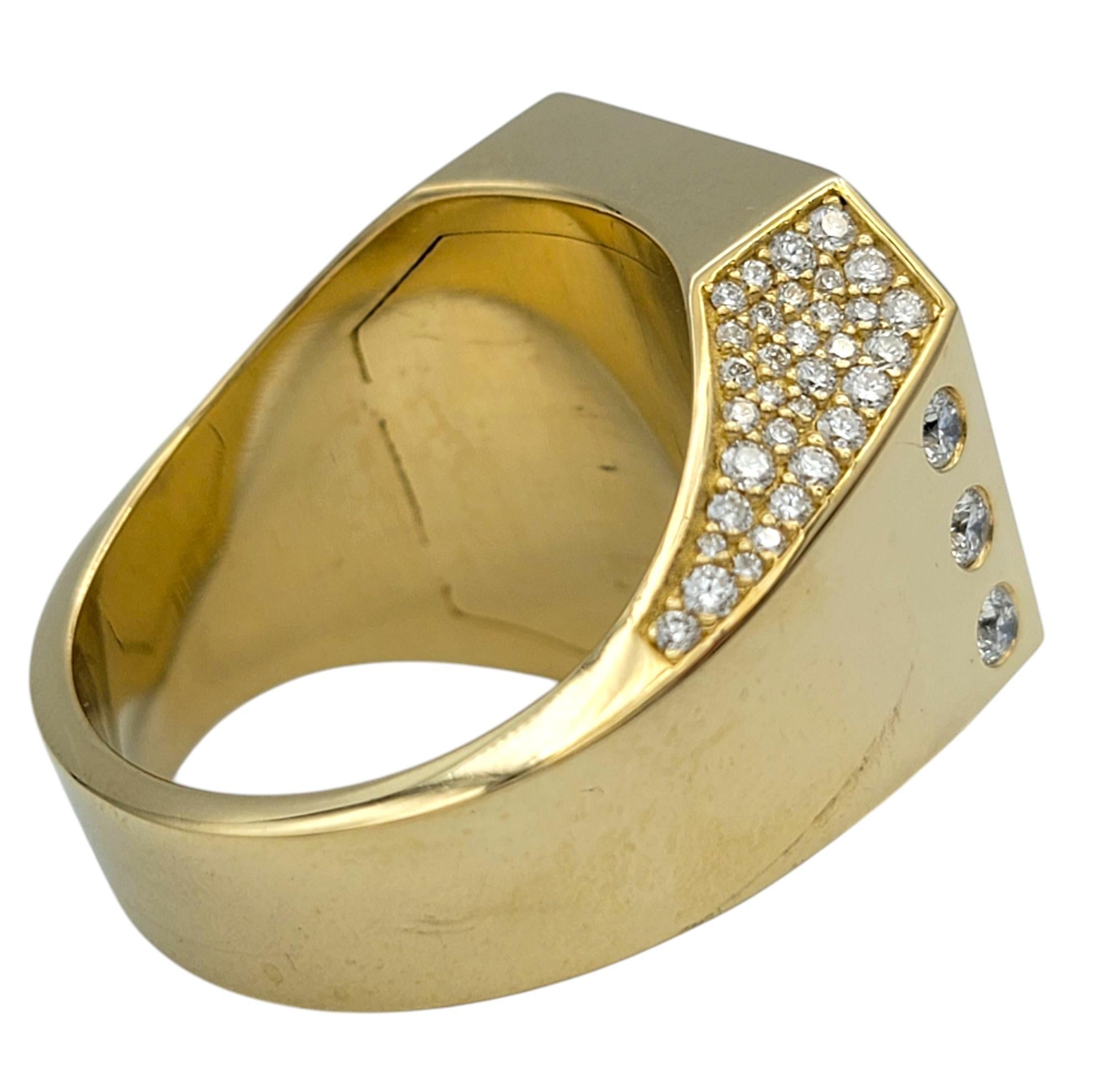 Mens Diamond Cross and Engraved Scripture Large Signet Ring 14 Karat Yellow Gold For Sale 1