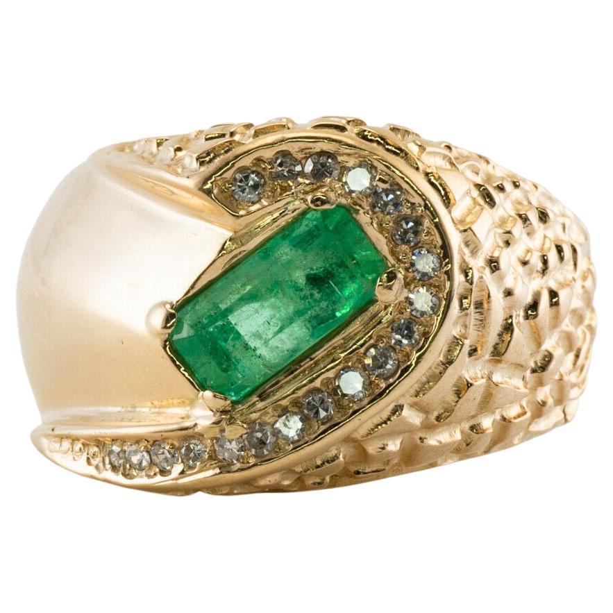 Mens Diamond Emerald Ring 14K Gold Band Vintage
