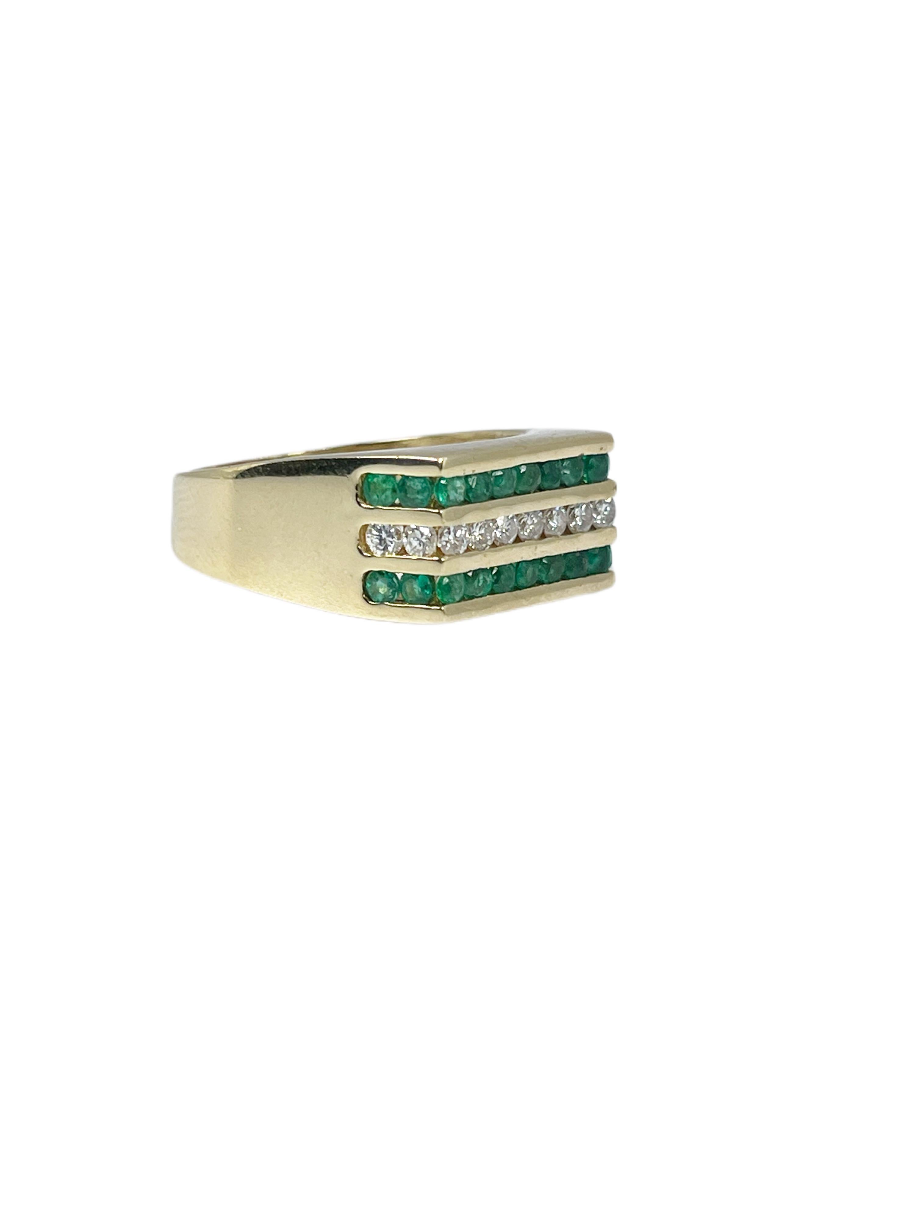Mens ring made with natural emeralds and diamonds in 18KT yellow gold.

GRAM WEIGHT: 8.99gr
GOLD: 18KT yellow gold

NATURAL DIAMOND(S)
Cut: Round Brilliant
Color: G-H 
Clarity: SI (average)
Carat: 0.44ct

NATURAL EMERALD(S)
Cut: Round 
Color: