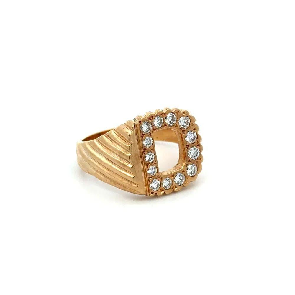 Handsome Gent’s Diamond Gold Vintage Ring. Open D design securely Hand set with Round Brilliant Cut Diamonds, weighing approx. 0.72tcw. Hand crafted 14K Yellow Gold mounting. Approx. dimensions: 0.60” l x 0.90” w. Ring size 10.5, we offer ring