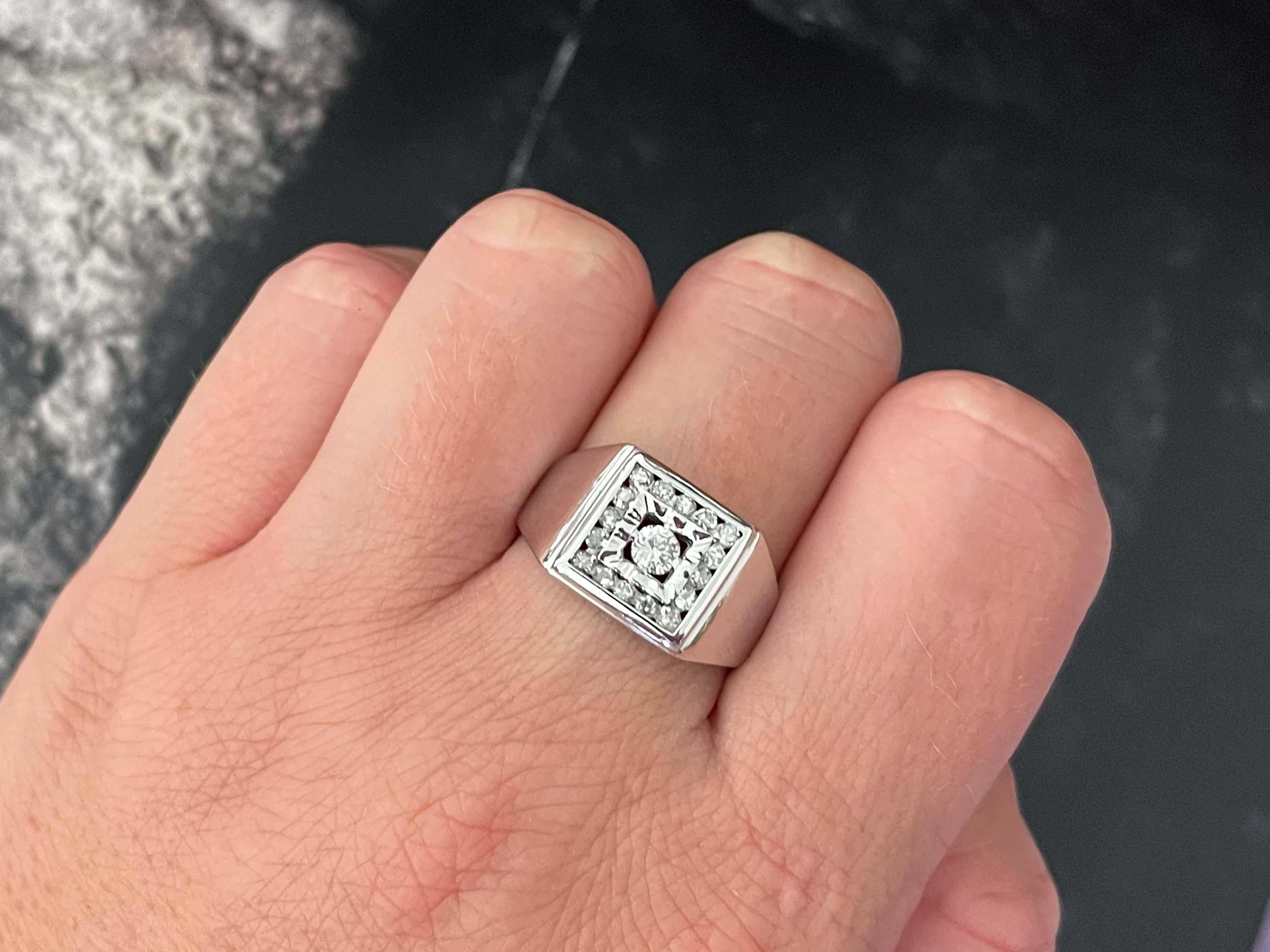 Item Specifications:

Metal: 14k White Gold

Diamond Count: 17 round brilliant diamonds

Diamond Carat Weight: 0.3

Diamond Color: H

Diamond Clarity: SI

Ring Width: 11.56 mm

Ring Size: 8 (resizable)

Total Weight: 6.6 Grams

Stamped: