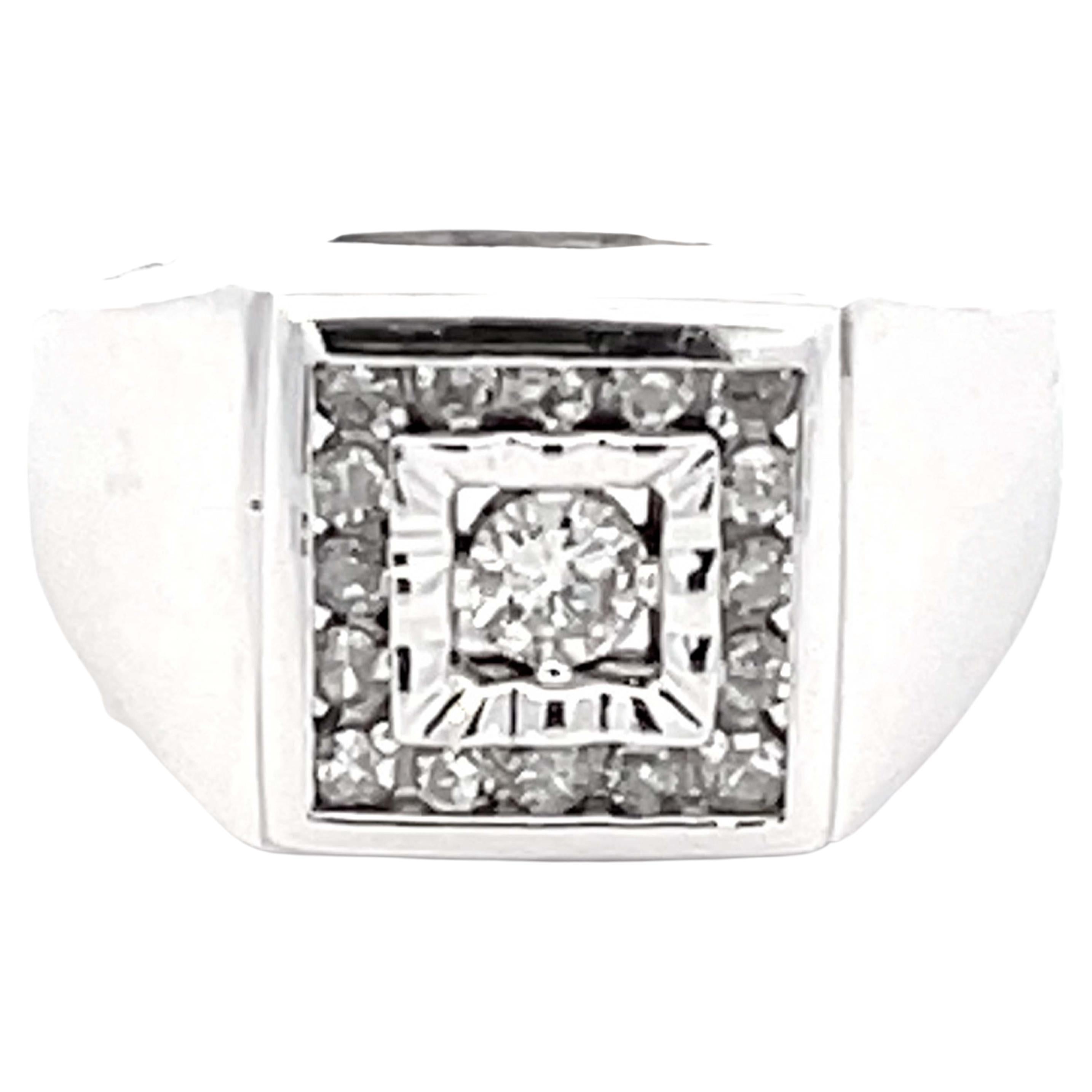 Mens Diamond Halo Pinky Ring in 14k White Gold For Sale