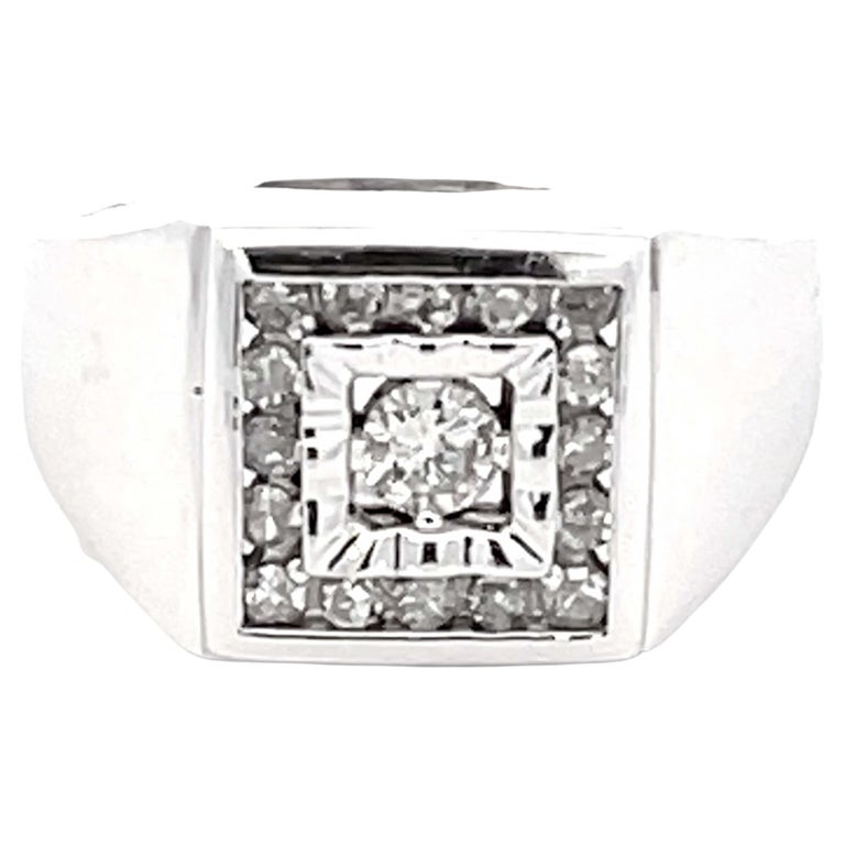 Mens Diamond Halo Pinky Ring in 14k White Gold For Sale at 1stDibs