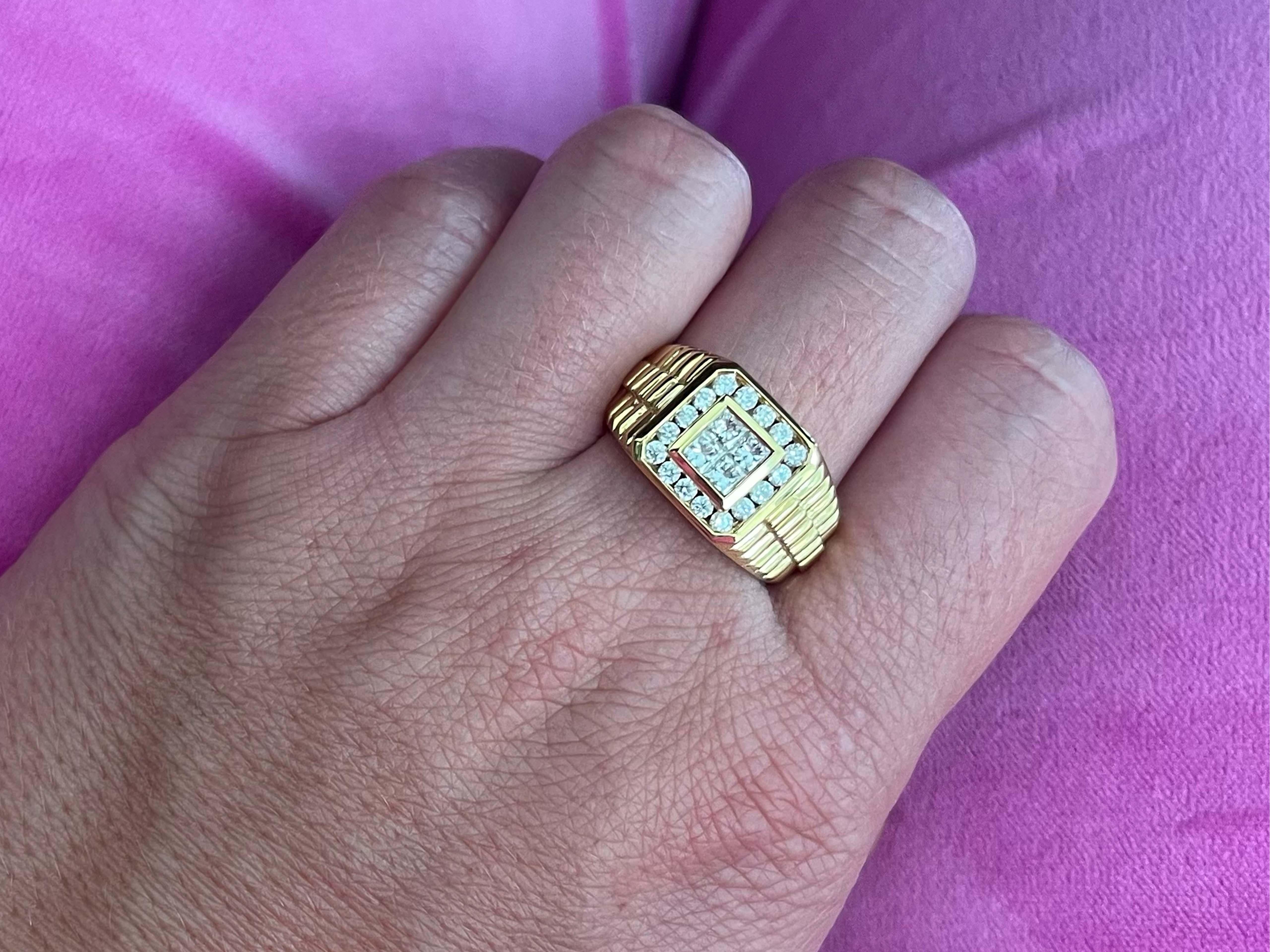 This gorgeous ring features 4 princess cut diamonds bezel set in the center, G color and VS2 clarity totaling 0.50 carats. Around this 4 diamond center is a diamond halo featuring 16, channel set, round brilliant cut diamonds forming a square shape.