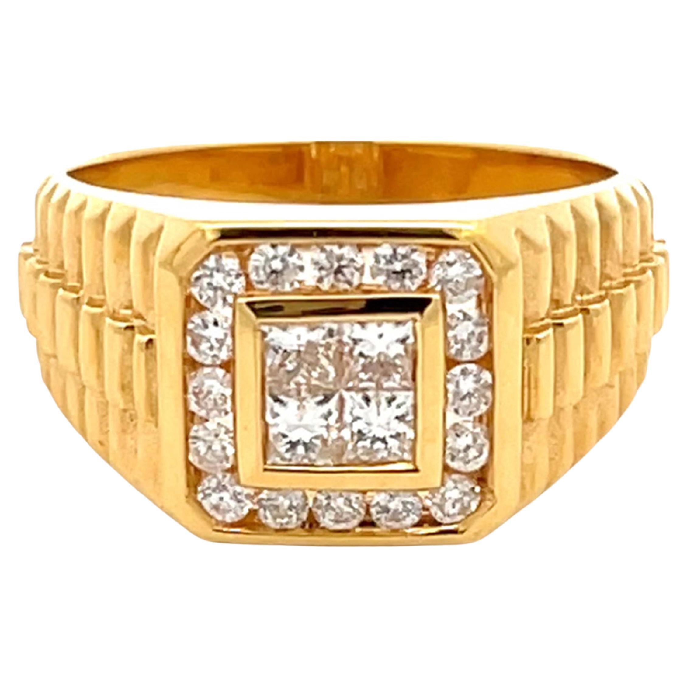 Mens Diamond Halo Rolex Styled Ring in 18K Yellow Gold