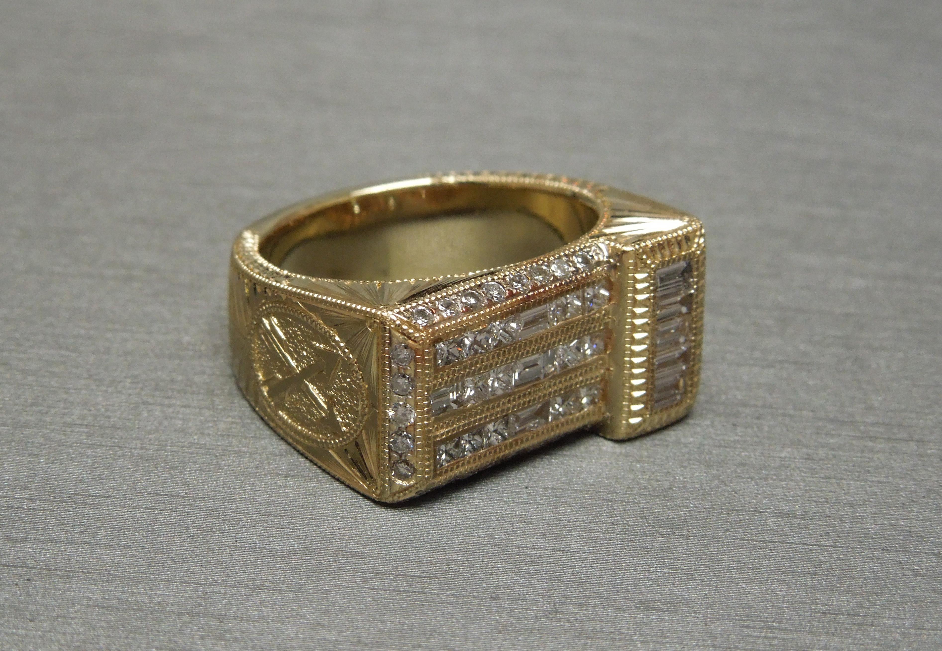 This Men's Roman Pompeii Diamond Ring features a total of 9 Baguettes totaling 1.10 carats ranking an F-G Color & VVS1-VVS2 Clarity. At central section Baguettes alternate with a total of 14 Square Princess cuts totaling 0.60 carats ranking a G