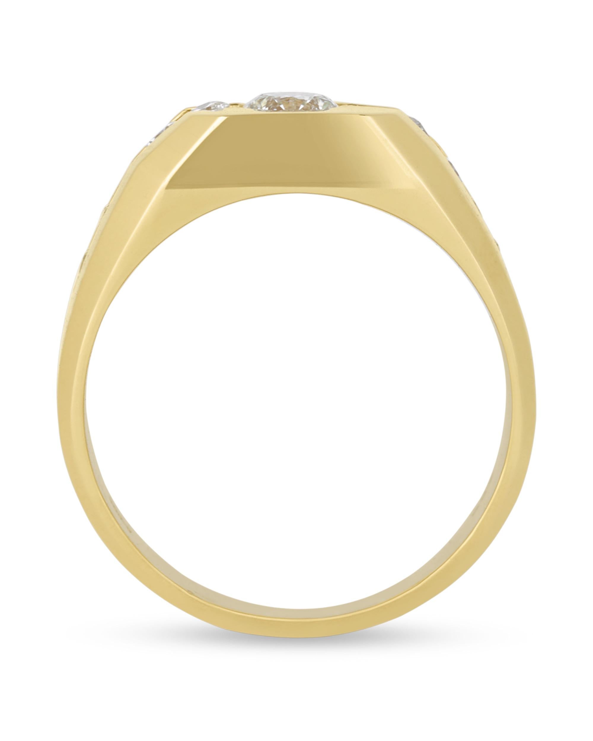 White diamonds totaling 1.35 carats radiate in this handsome men's ring. The central diamond, weighing 0.70-carat, sits within a stepped design of 14K yellow gold.
