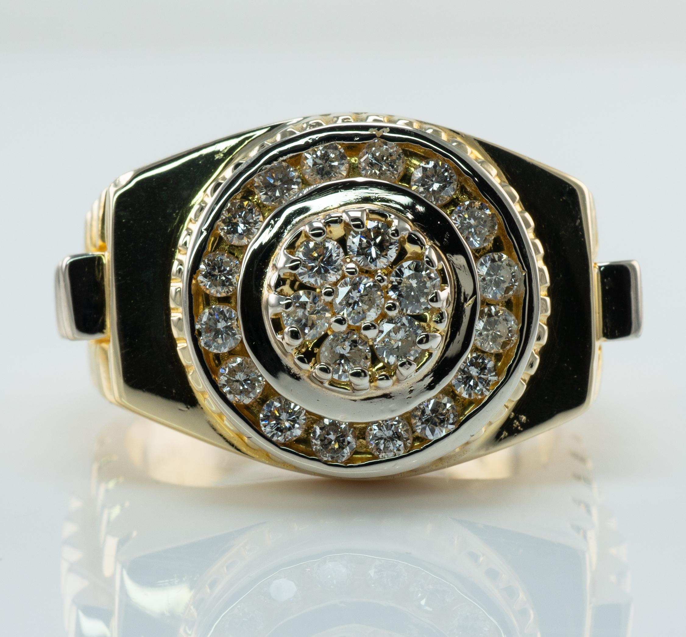 Mens Diamond Ring 14K Gold Band 1.15 TDW Rolex Style

This amazing vintage ring for a gentleman is finely crafted in solid 14K Yellow Gold with White Gold accents and set with white and fiery round brilliant cut diamonds. 7 diamonds in the center