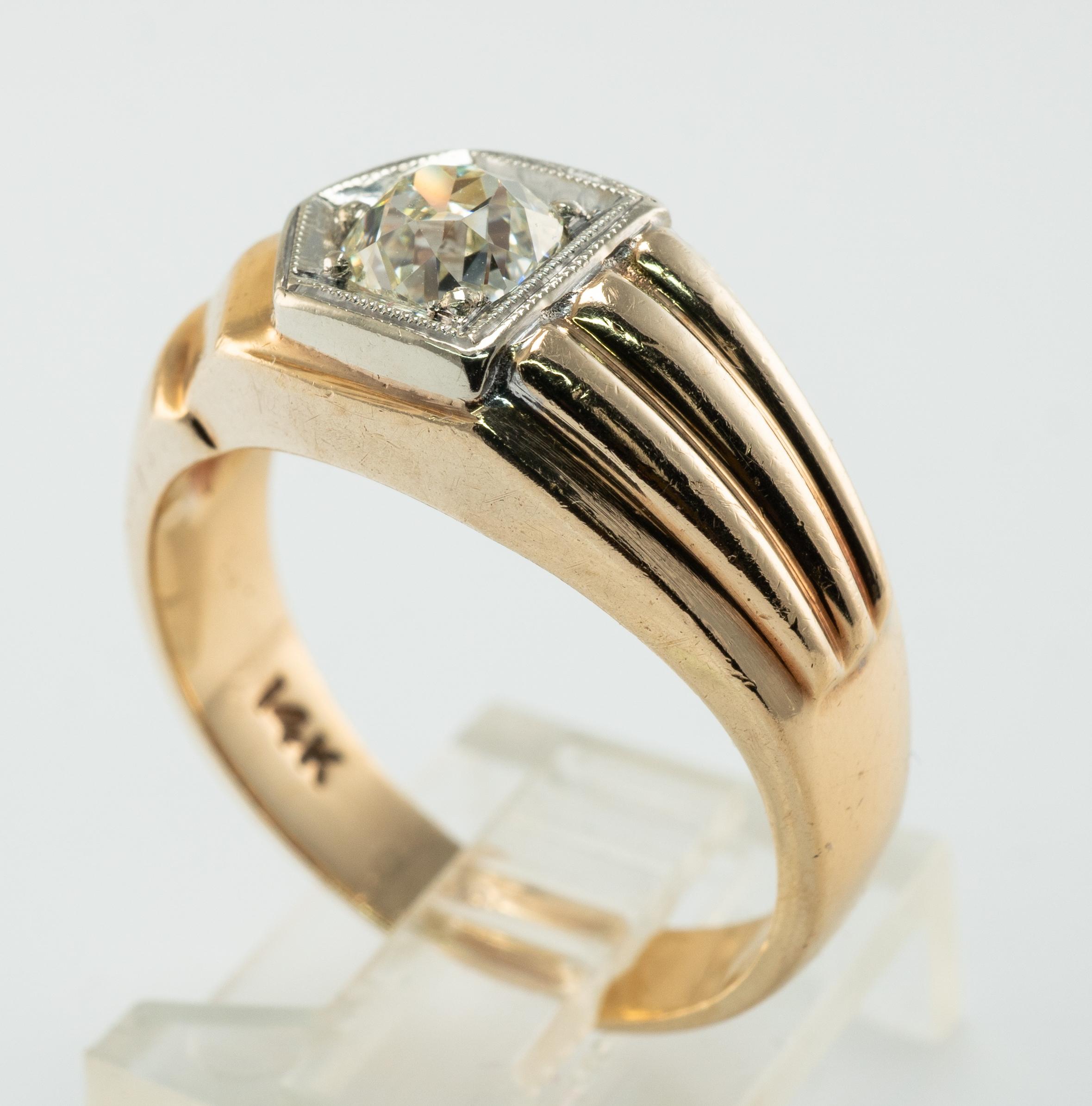 Anillo de diamantes para hombre Banda de oro de 14 quilates .75ct Solitario Old Mine Vintage en venta 5