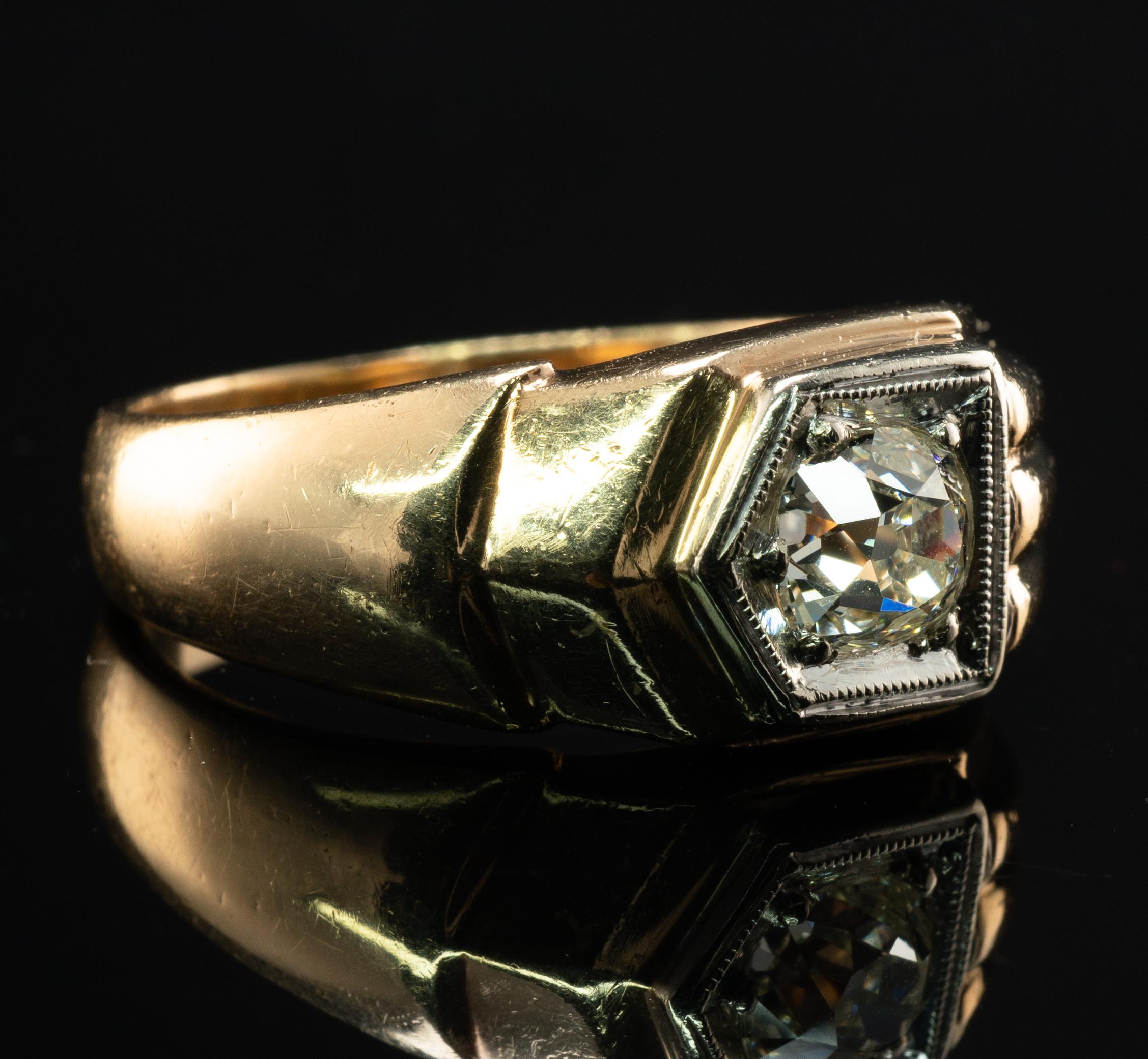 Anillo de diamantes para hombre Banda de oro de 14 quilates .75ct Solitario Old Mine Vintage en venta 6
