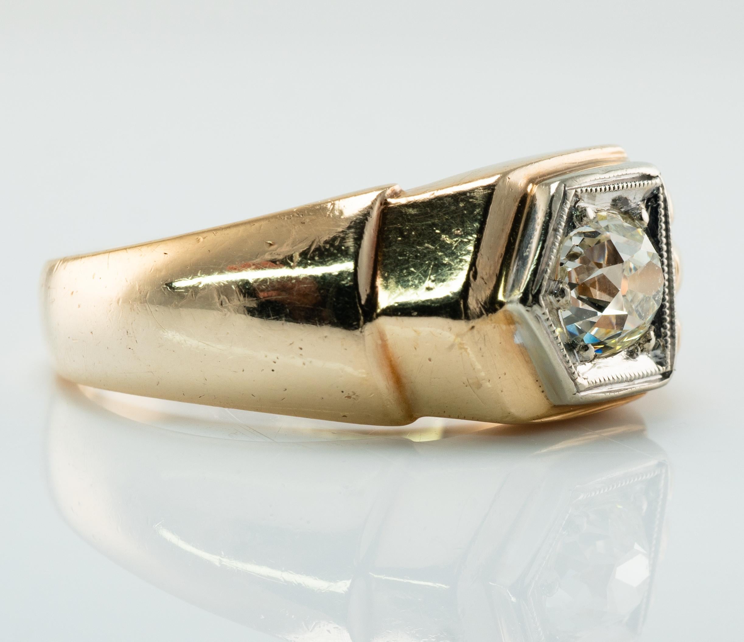 Anillo de diamantes para hombre Banda de oro de 14 quilates .75ct Solitario Old Mine Vintage Talla antigua en venta
