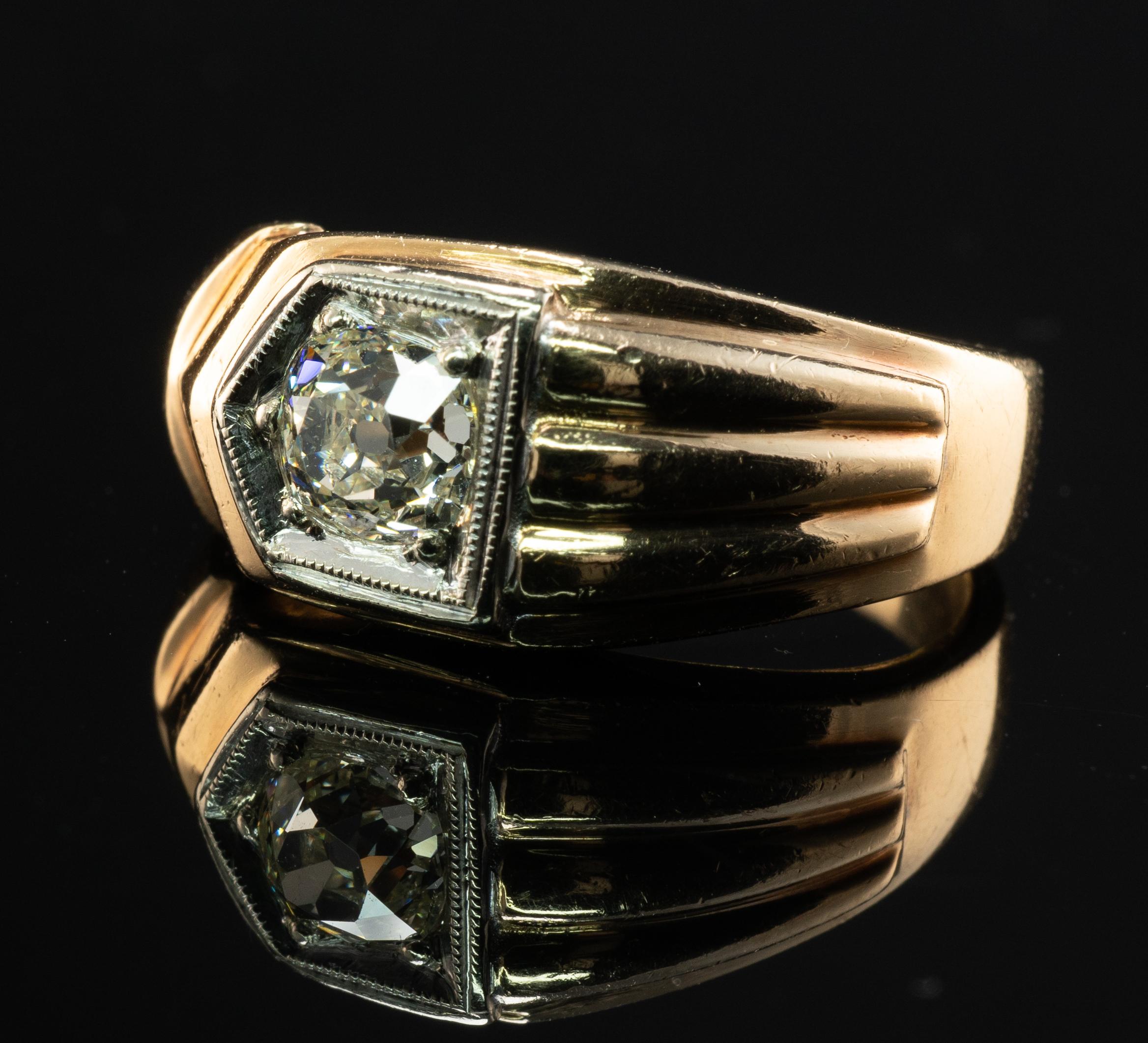 De los hombres Anillo de diamantes para hombre Banda de oro de 14 quilates .75ct Solitario Old Mine Vintage en venta