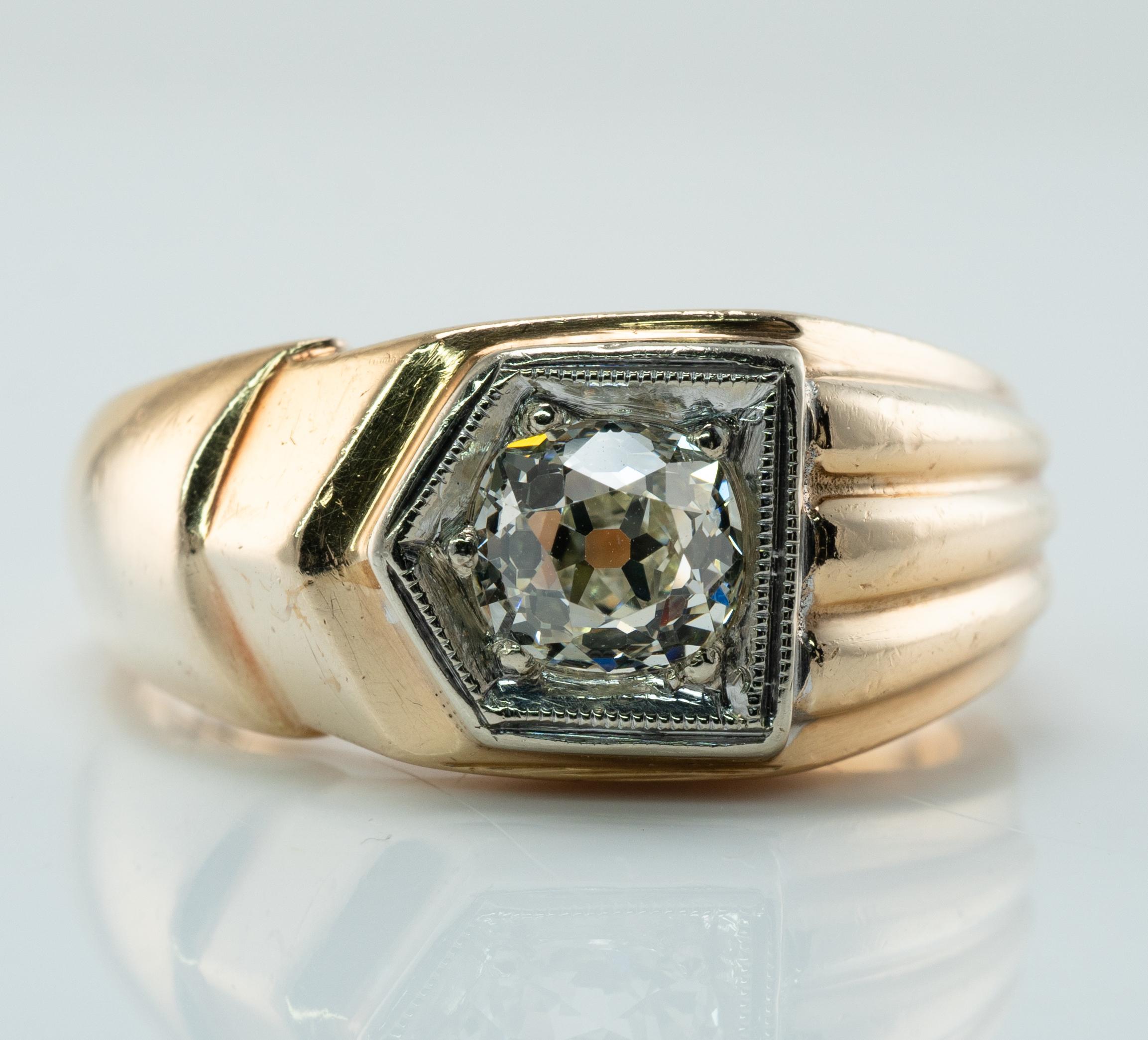Anillo de diamantes para hombre Banda de oro de 14 quilates .75ct Solitario Old Mine Vintage en venta 1