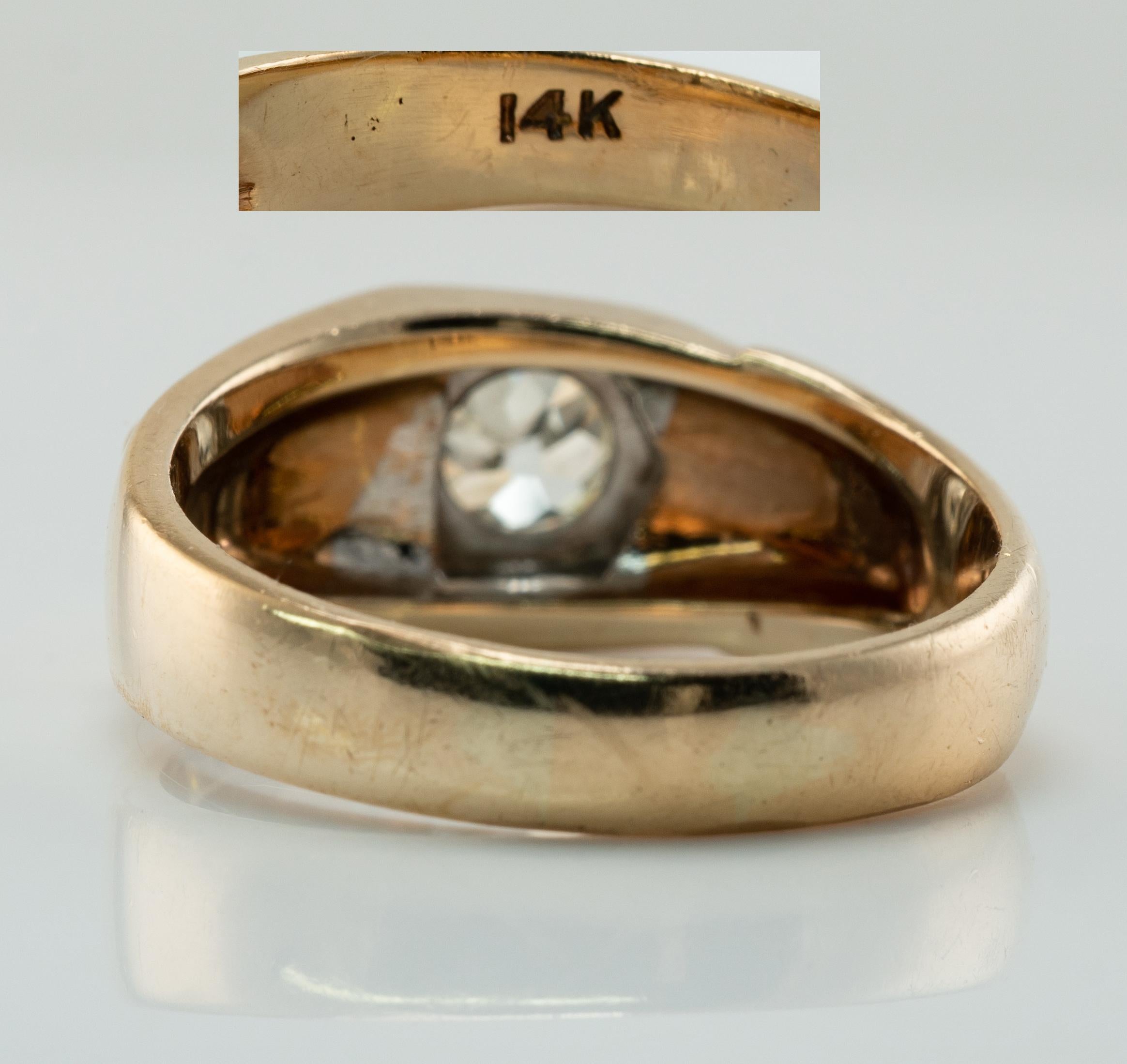Anillo de diamantes para hombre Banda de oro de 14 quilates .75ct Solitario Old Mine Vintage en venta 2