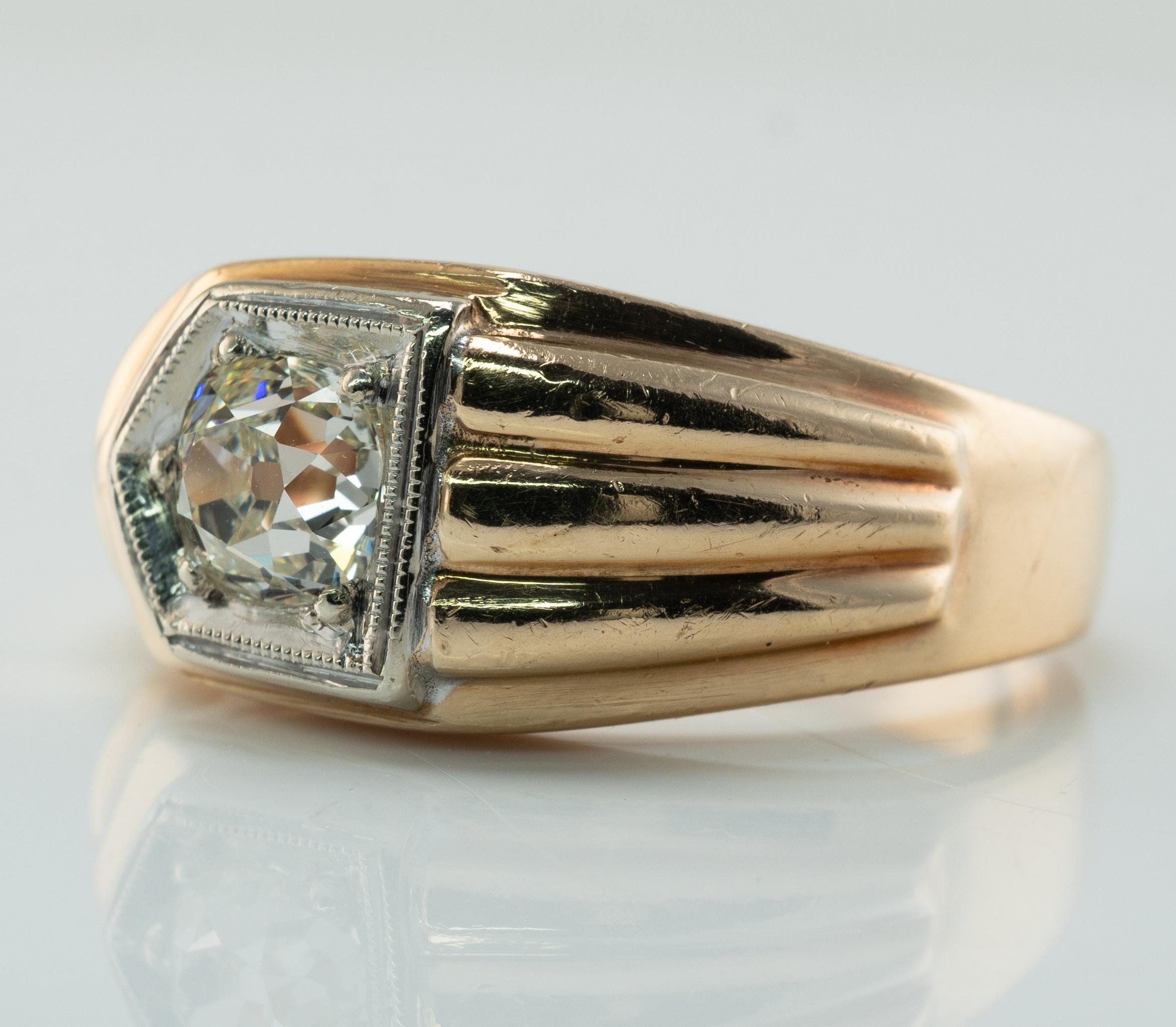 Anillo de diamantes para hombre Banda de oro de 14 quilates .75ct Solitario Old Mine Vintage en venta 3