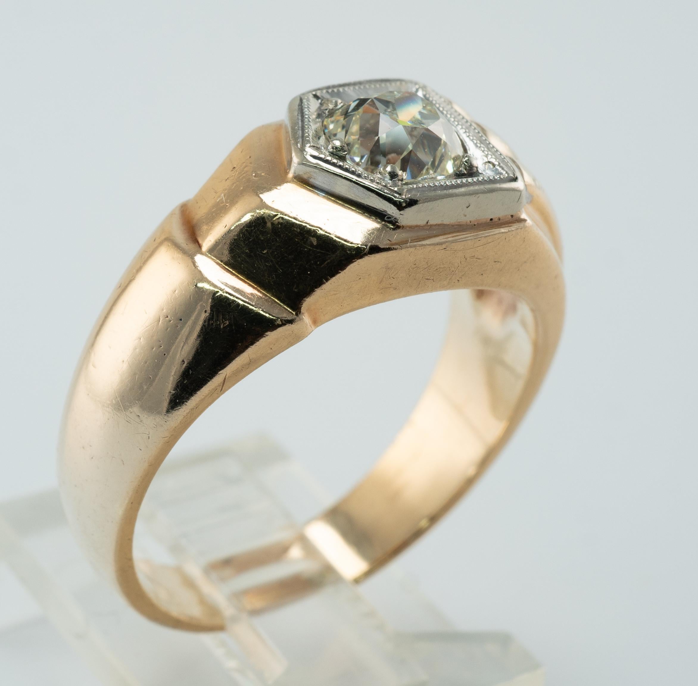 Anillo de diamantes para hombre Banda de oro de 14 quilates .75ct Solitario Old Mine Vintage en venta 4