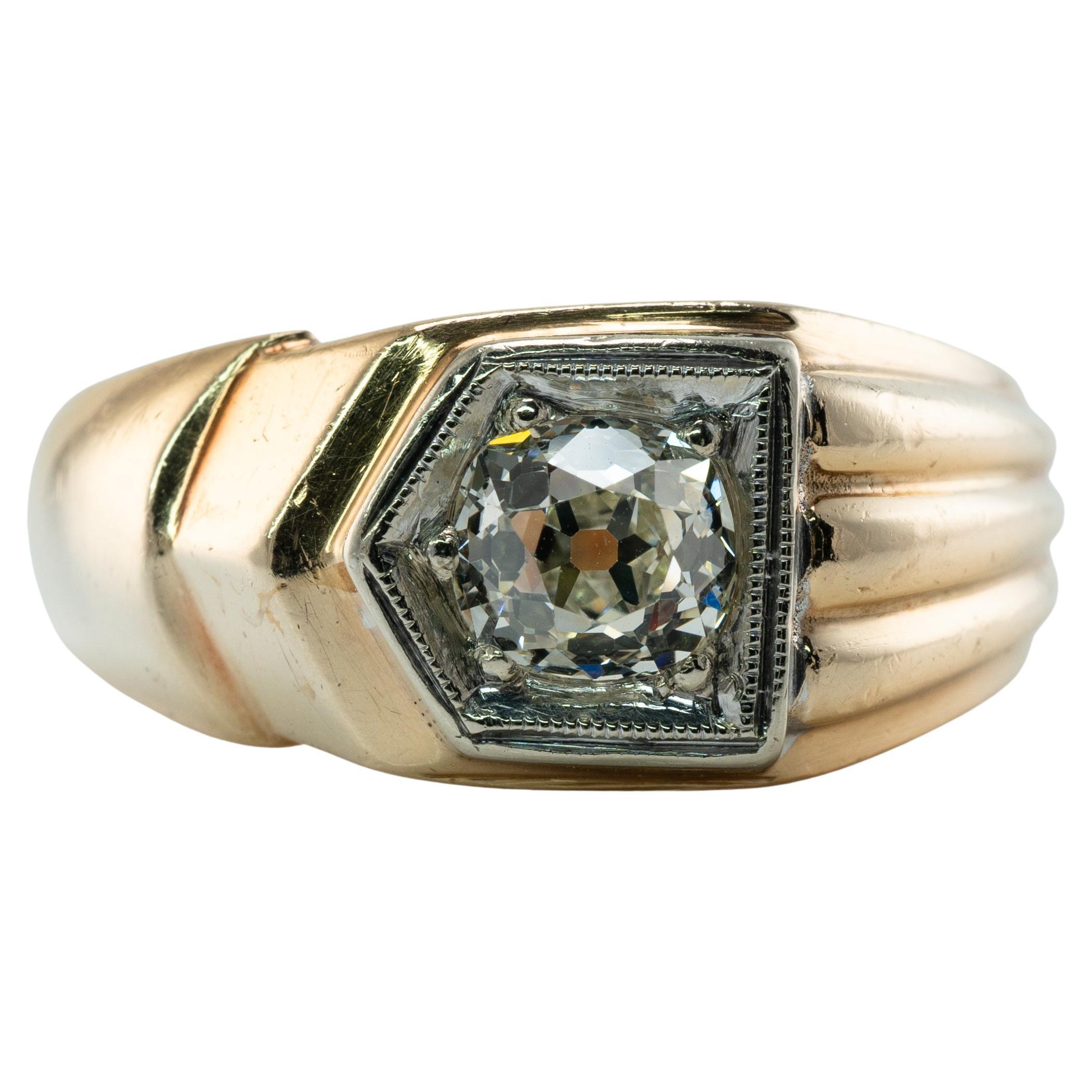 Anello di diamanti da uomo in oro 14K con fascia da .75ct Old Mine Solitaire Vintage