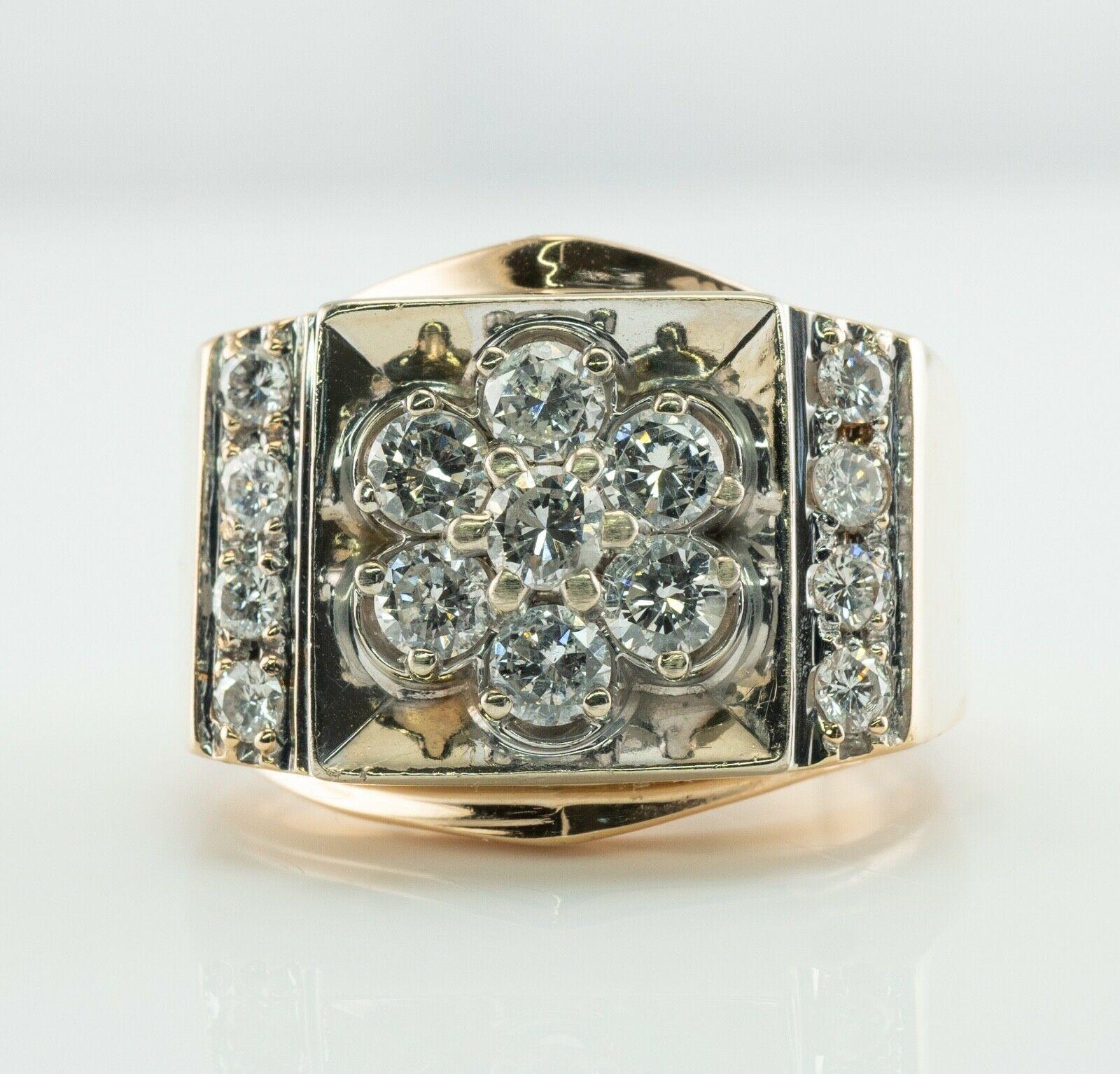 This amazing vintage ring for a gentleman is finely crafted in solid 14K Yellow Gold and White Gold for the top (tested and guaranteed) and set with white and fiery round brilliant cut diamonds. Seven diamonds in the center and eight more diamonds