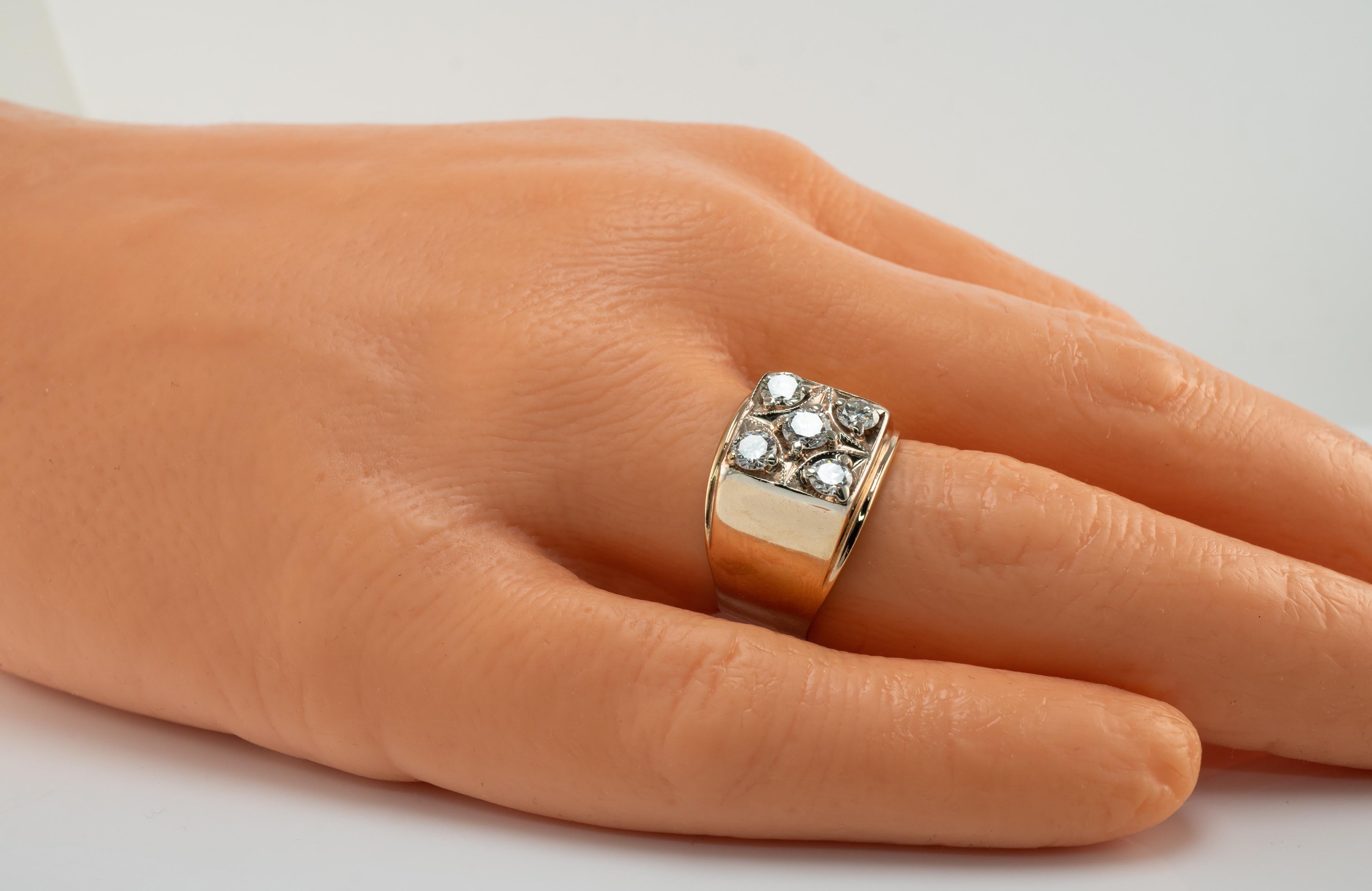 Mens Diamond Ring 14K Gold Band Old 1.38 TDW Vintage Cluster For Sale 5