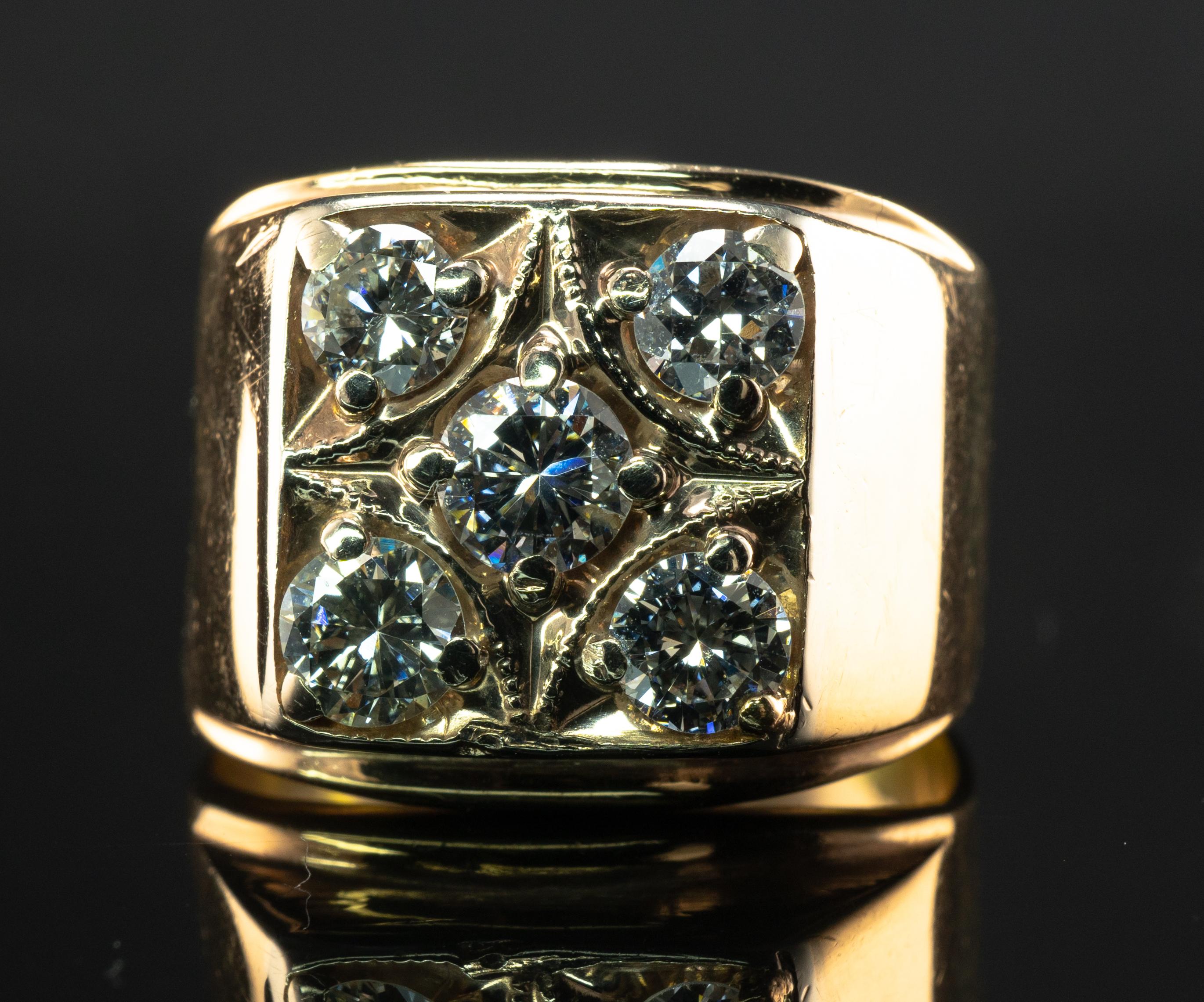 Mens Diamond Ring 14K Gold Band Old 1.38 TDW Vintage Cluster For Sale 6
