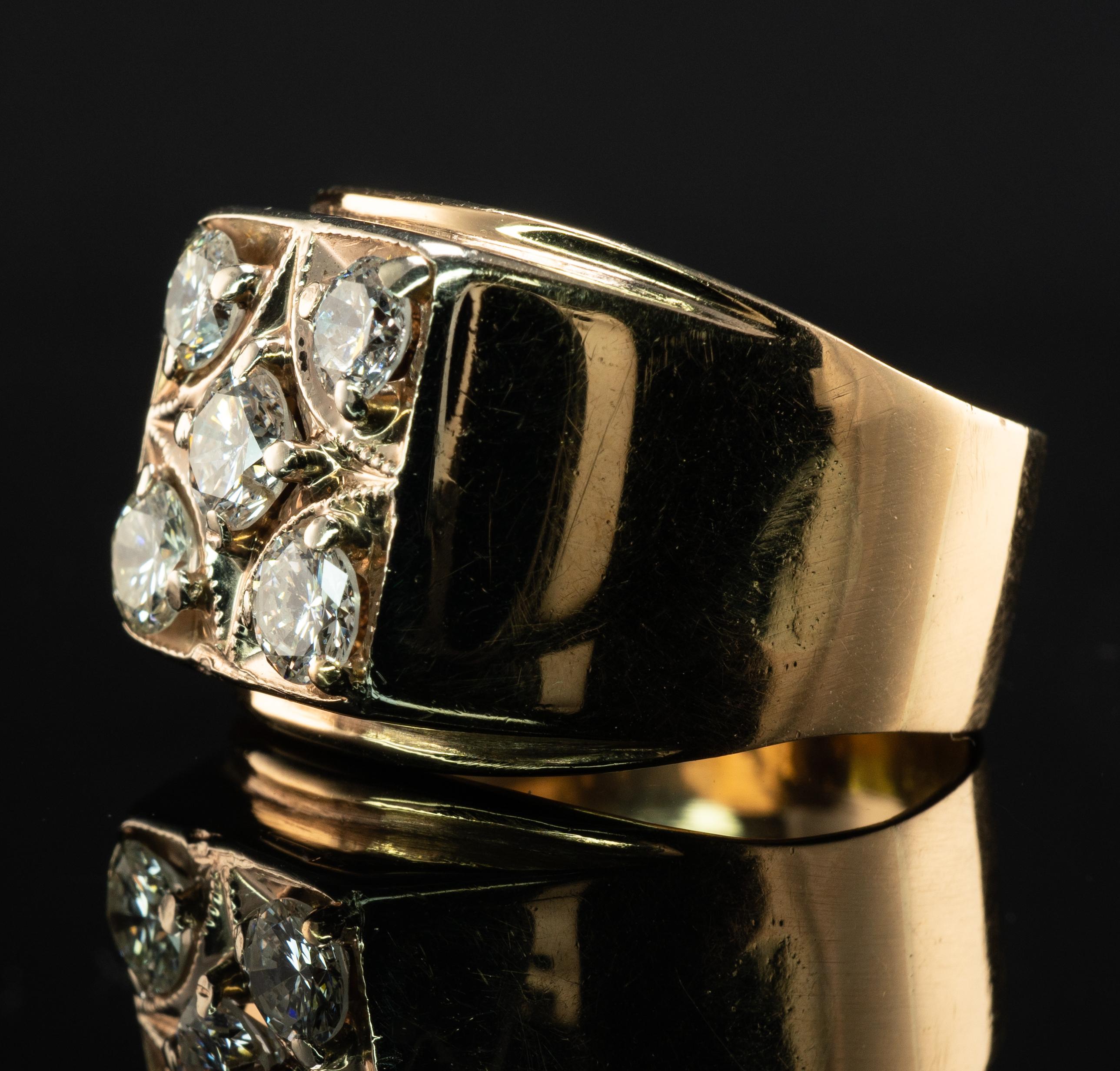 Mens Diamond Ring 14K Gold Band Old 1.38 TDW Vintage Cluster For Sale 8