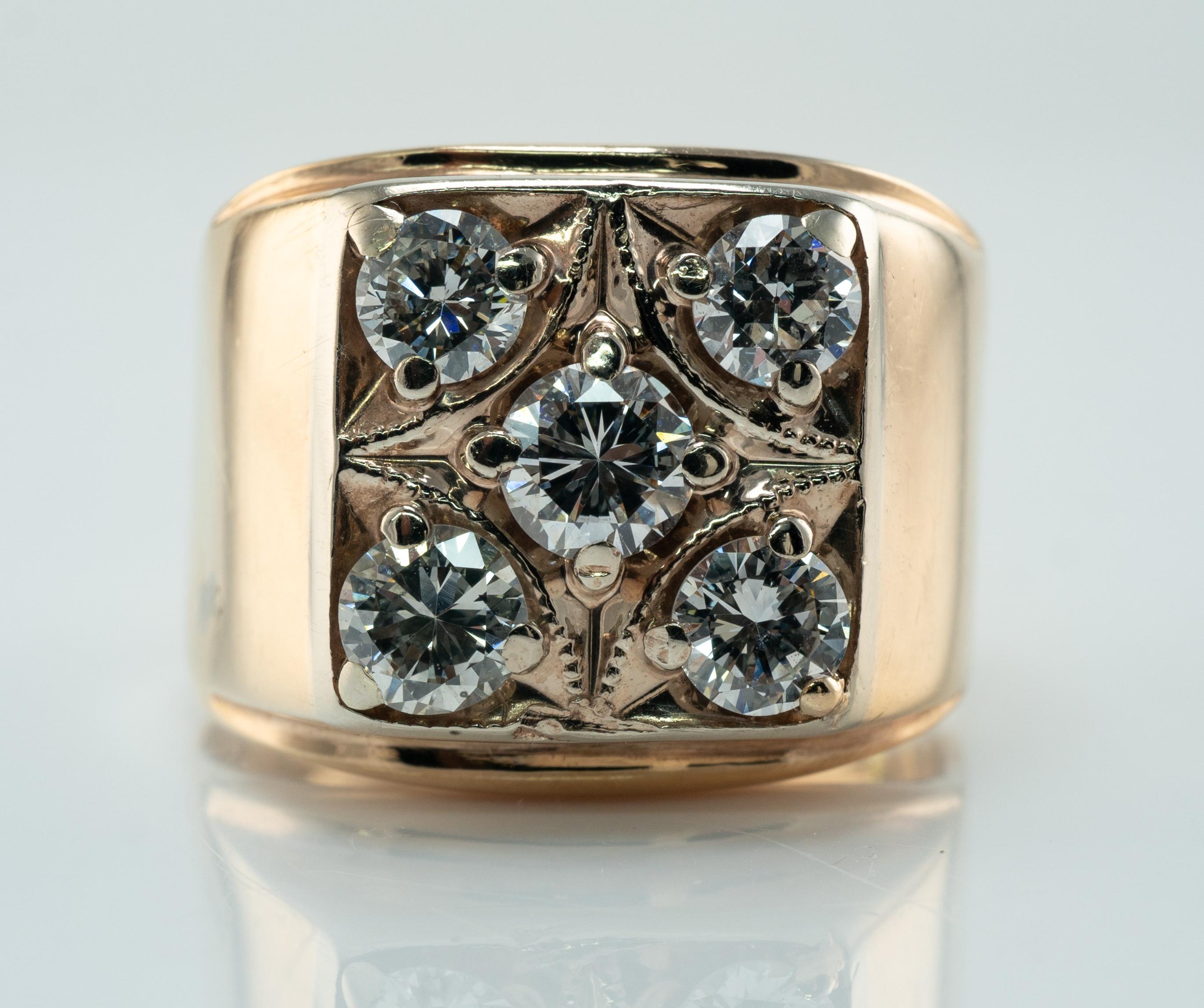 Mens Diamond Ring 14K Gold Band Old 1.38 TDW Vintage Cluster

This amazing vintage ring for a gentleman is finely crafted in solid 14K Yellow Gold (carefully tested and guaranteed) and set with white and fiery natural diamonds. 
Five diamonds (.33