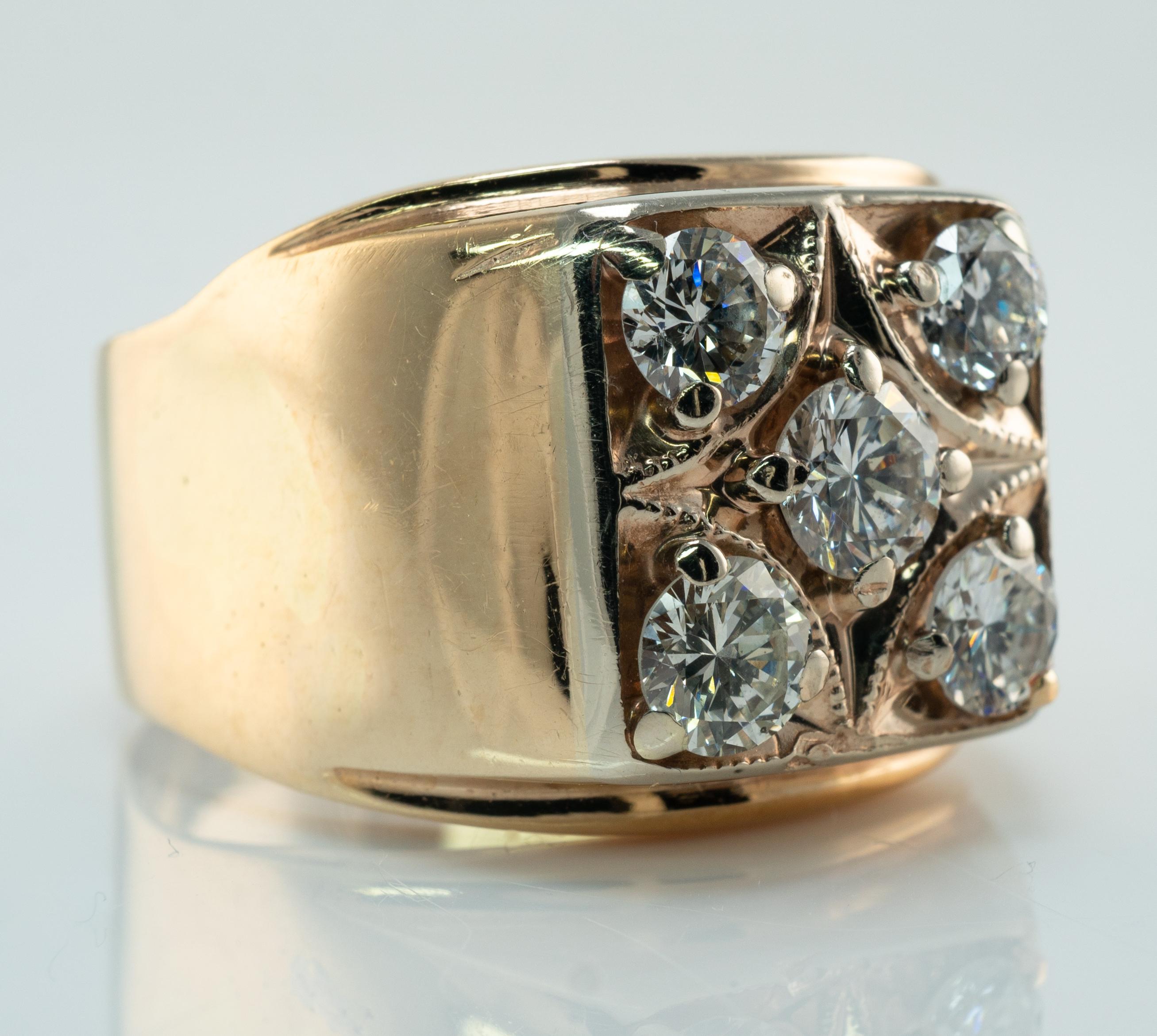 Round Cut Mens Diamond Ring 14K Gold Band Old 1.38 TDW Vintage Cluster For Sale
