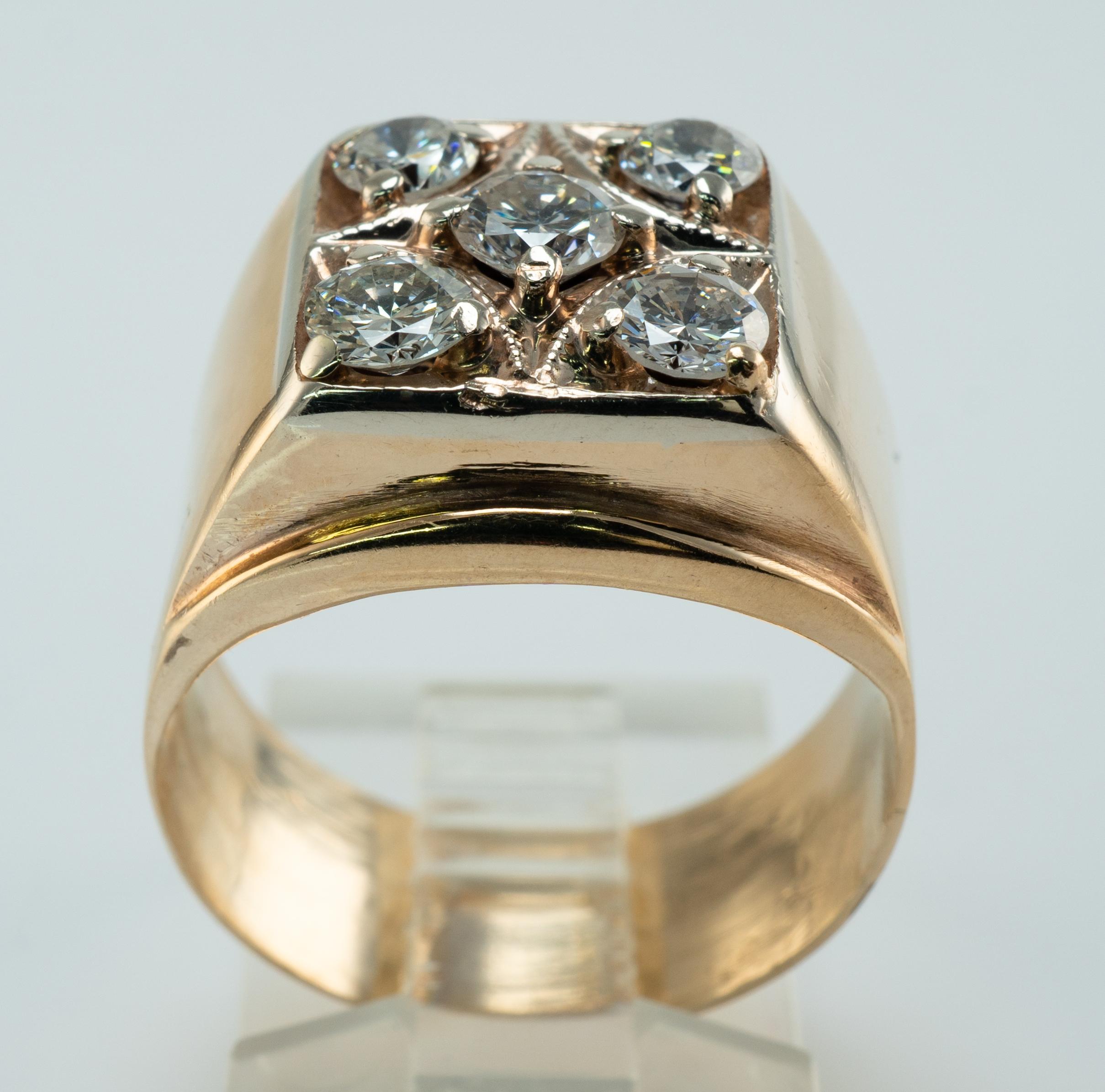 Men's Mens Diamond Ring 14K Gold Band Old 1.38 TDW Vintage Cluster For Sale