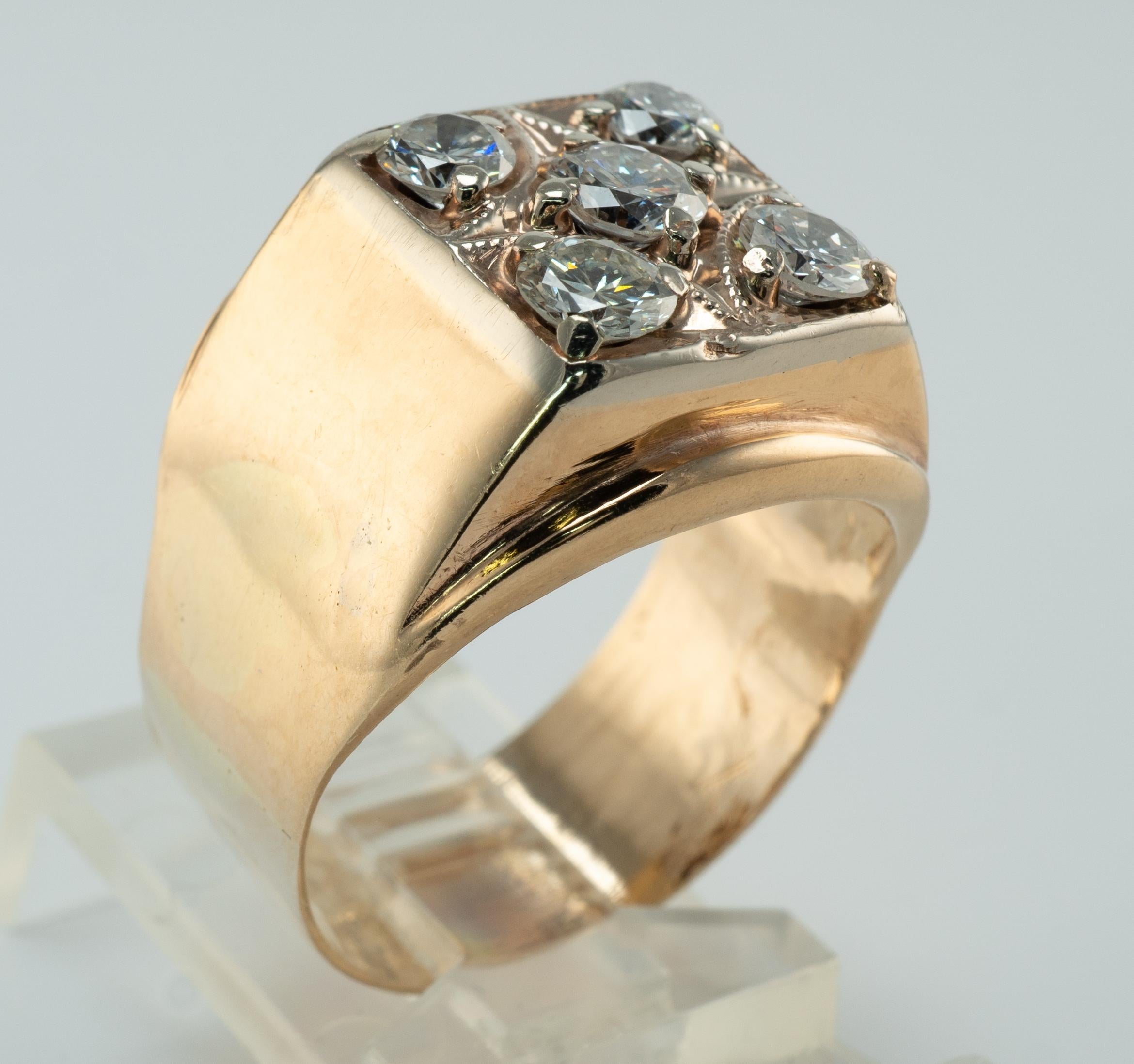 Mens Diamond Ring 14K Gold Band Old 1.38 TDW Vintage Cluster For Sale 2