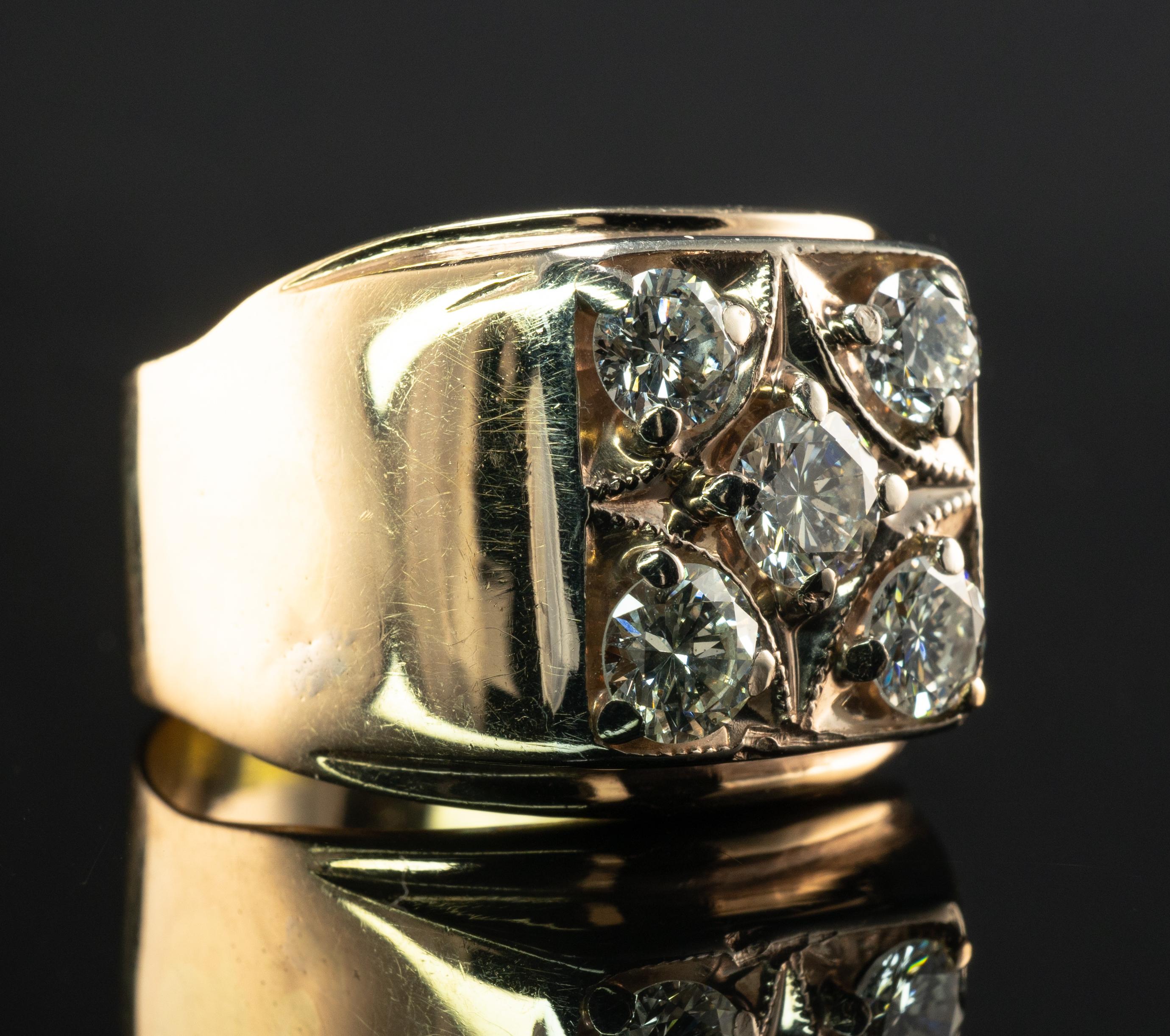 Mens Diamond Ring 14K Gold Band Old 1.38 TDW Vintage Cluster For Sale 3