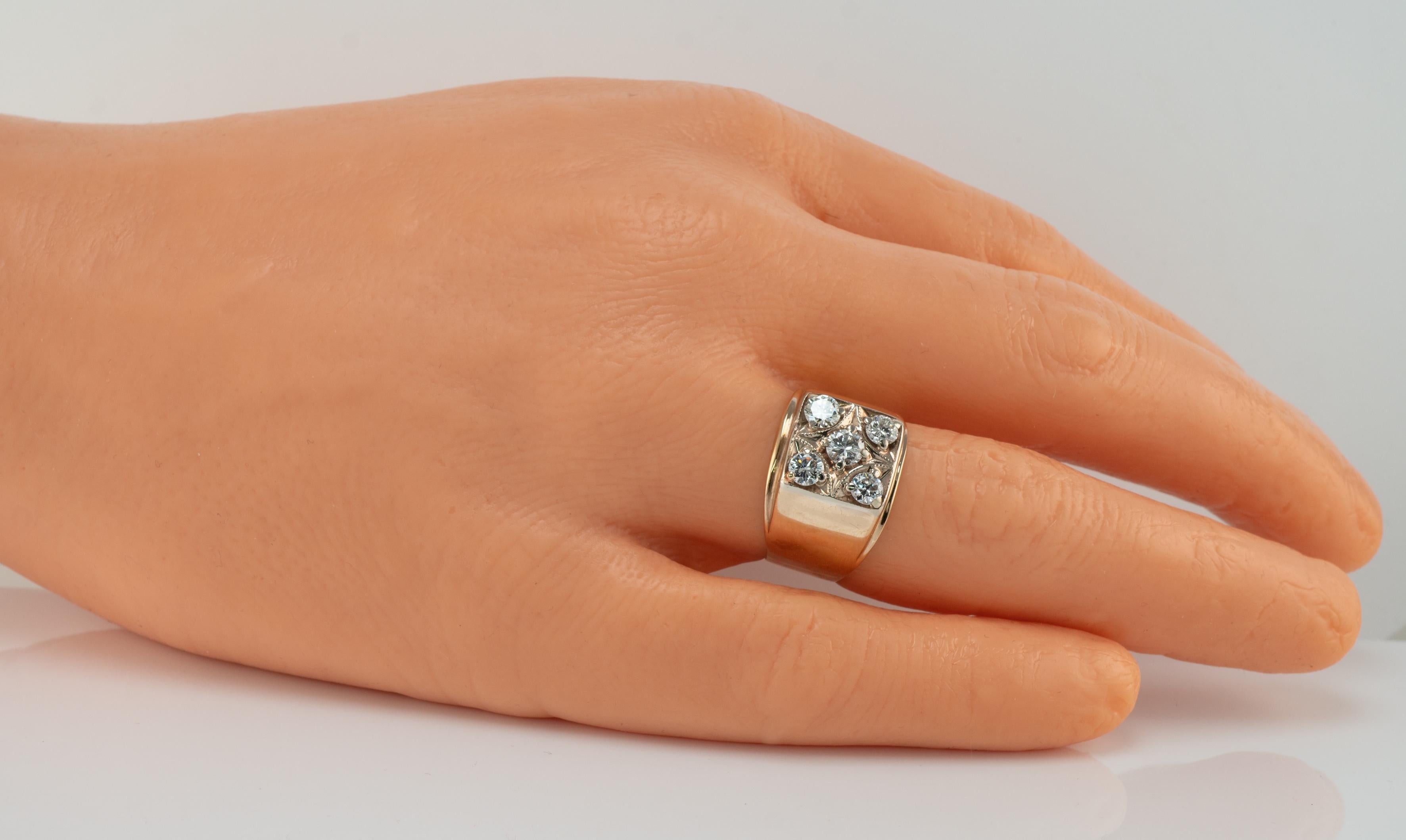 Mens Diamond Ring 14K Gold Band Old 1.38 TDW Vintage Cluster For Sale 4