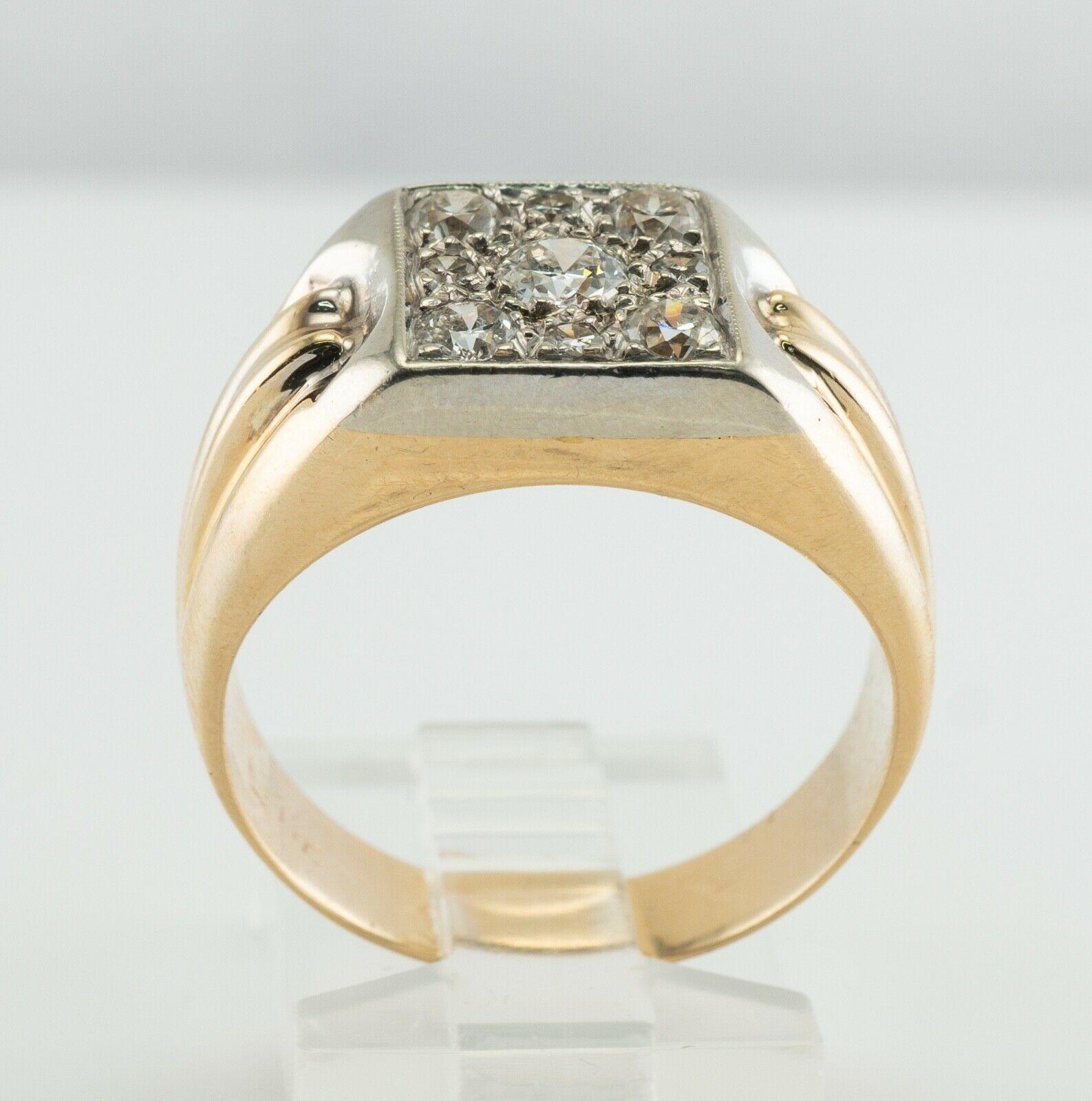 Men's Mens Diamond Ring 14K Gold Band Old Mine .93TDW Vintage For Sale