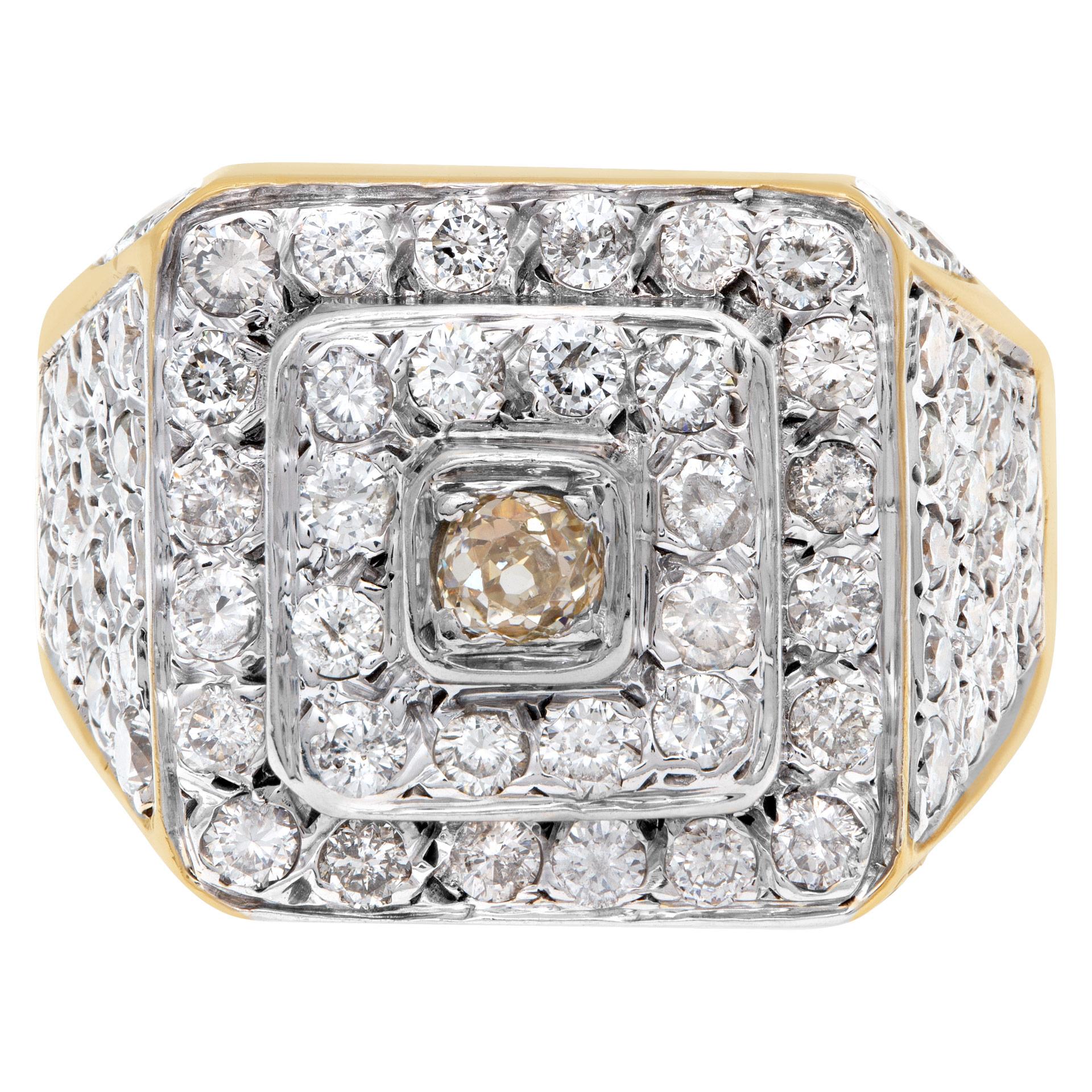 Bold diamond ring with approximately 2.90 carats in diamonds in 14k white and yellow gold. Size: 8.5.  This Diamond ring is currently size 8.5 and some items can be sized up or down, please ask! It weighs 10 pennyweights and is 14k.
