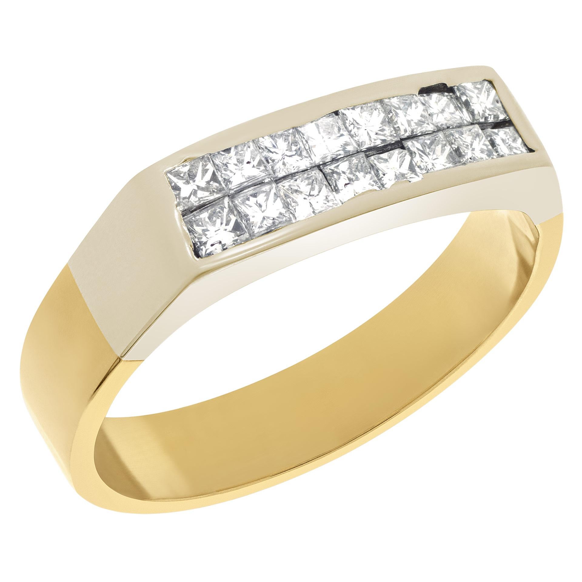 Eye catching mens diamond ring in 14k yellow gold with 0.64 cts in invisible set princess cut diamonds. Size 10. Band width is 5mm on top and 4mm on the bottom.  This Diamond ring is currently size 10 and some items can be sized up or down, please
